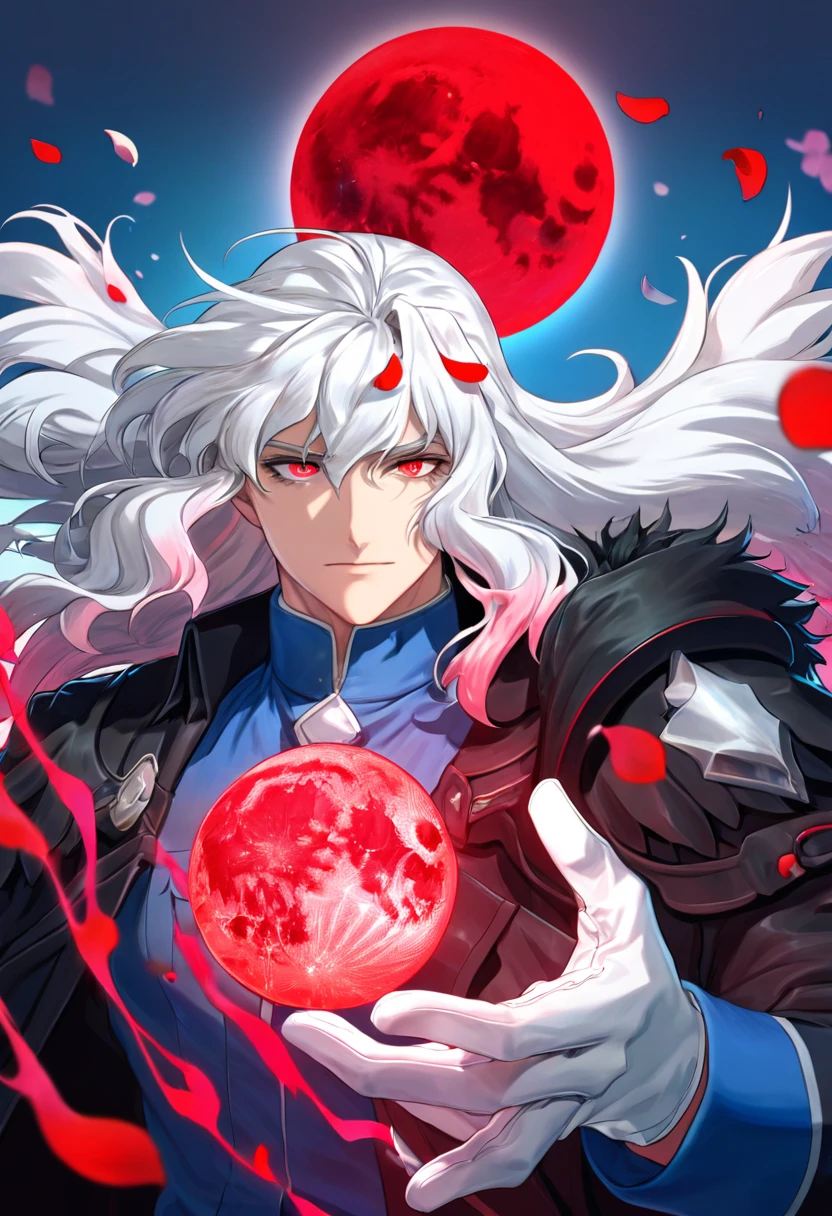 Ultra detailed, highres, absurdres, HDR, master piece, Vlov Arkhangel, white long hair, expressive red eyes, Tsukihime (Melty Blood), fantasy, petals, red flowers, handsome, sexy man, solo, magic, shining red fireflies, red moon, best quality, extremely detailed face and eyes, red lightning, black coat with fur on his shoulder, white gloves, blue shirt