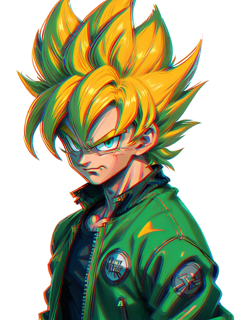 1man, solo, (masterpiece), best quality, ultra-detailed, Son Goku from Dragon Ball Z, super saiyan hair, yellow hair, Retro style, full body. fashion cloth, jean jacket, fancy, portrait, upper body, face detail, eyes detail: 1.3, simple background, green eyes, orange shirt, white background.
