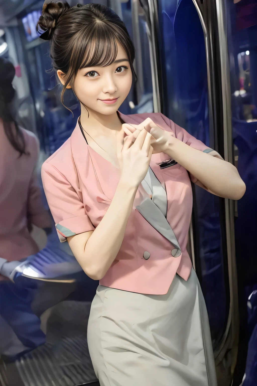 (masterpiece:1.2, highest quality:1.2), 32K HDR, High resolution, (alone、1 girl)、(On the rooftop of a building in the daytime、Professional Lighting)、Building rooftop background、(Nankai train crew uniform pinkを着たリアルスタイル)、(Nankai train crew uniform pink short sleeve collarless pink jacket、Nankai Train Crew Uniform Pink Collarless Short Sleeve Blouse、Nankai Train Crew Uniform Pink Grey Knee-length Culottes)、Dark brown hair、(Hair tied up、Hair Bun、Hair Bun)、Dark brown hair、Long Shot、Big Breasts、Thin legs、((Great hands:2.0)),((Harmonious body proportions:1.5)),((Normal limbs:2.0)),((Normal finger:2.0)),((Delicate eyes:2.0)),((Normal eyes:2.0)))、smile、(Nankai Train Crew Uniform Pink Grey Knee-length Culottesを見せた美しい歩く姿)、Holding hands