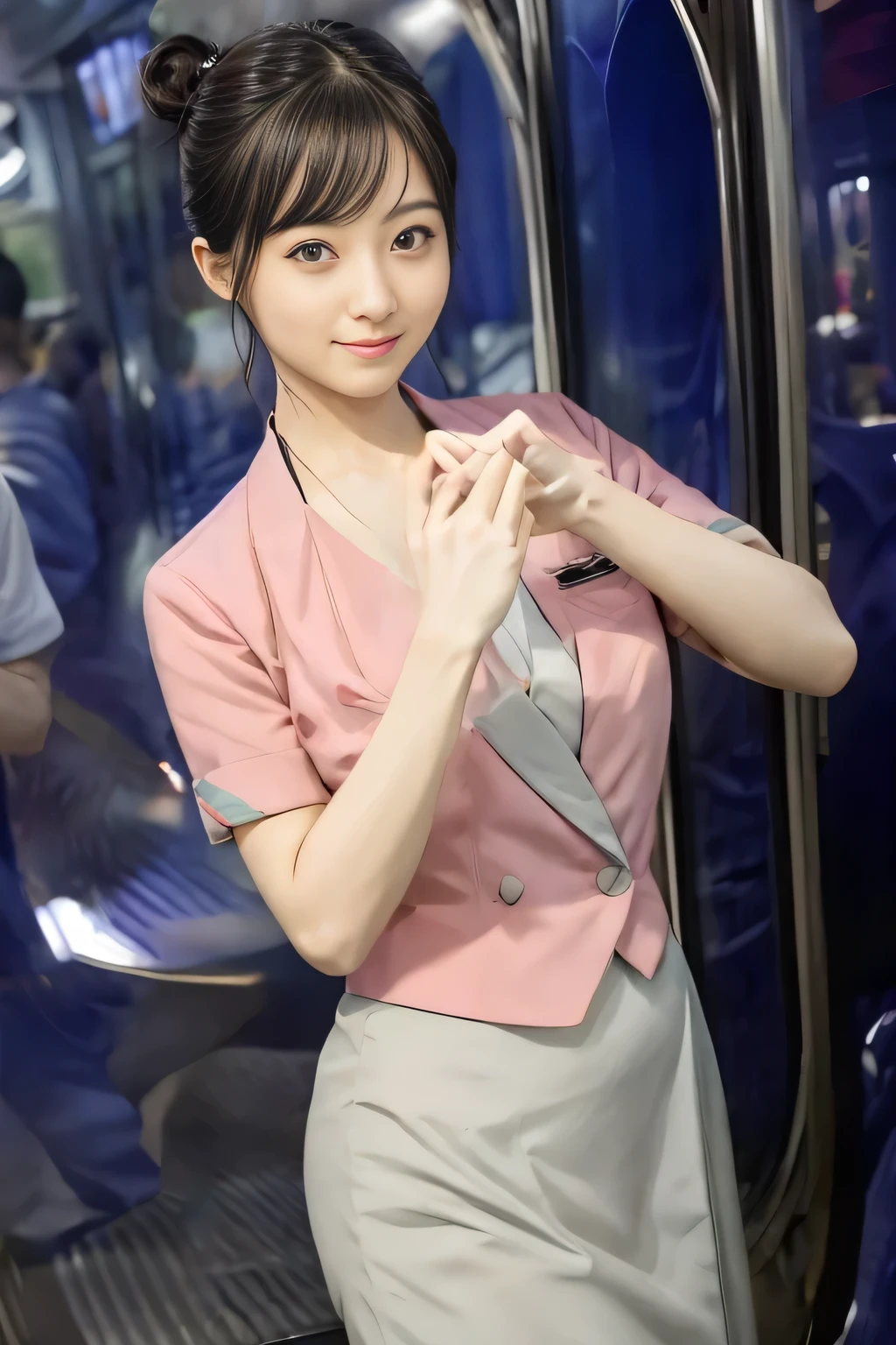 (masterpiece:1.2, highest quality:1.2), 32K HDR, High resolution, (alone、1 girl)、(On the rooftop of a building in the daytime、Professional Lighting)、Building rooftop background、(Nankai train crew uniform pinkを着たリアルスタイル)、(Nankai train crew uniform pink short sleeve collarless pink jacket、Nankai Train Crew Uniform Pink Collarless Short Sleeve Blouse、Nankai Train Crew Uniform Pink Grey Knee-length Culottes)、Dark brown hair、(Hair tied up、Hair Bun、Hair Bun)、Dark brown hair、Long Shot、Big Breasts、Thin legs、((Great hands:2.0)),((Harmonious body proportions:1.5)),((Normal limbs:2.0)),((Normal finger:2.0)),((Delicate eyes:2.0)),((Normal eyes:2.0)))、smile、(Nankai Train Crew Uniform Pink Grey Knee-length Culottesを見せた美しい歩く姿)、Holding hands