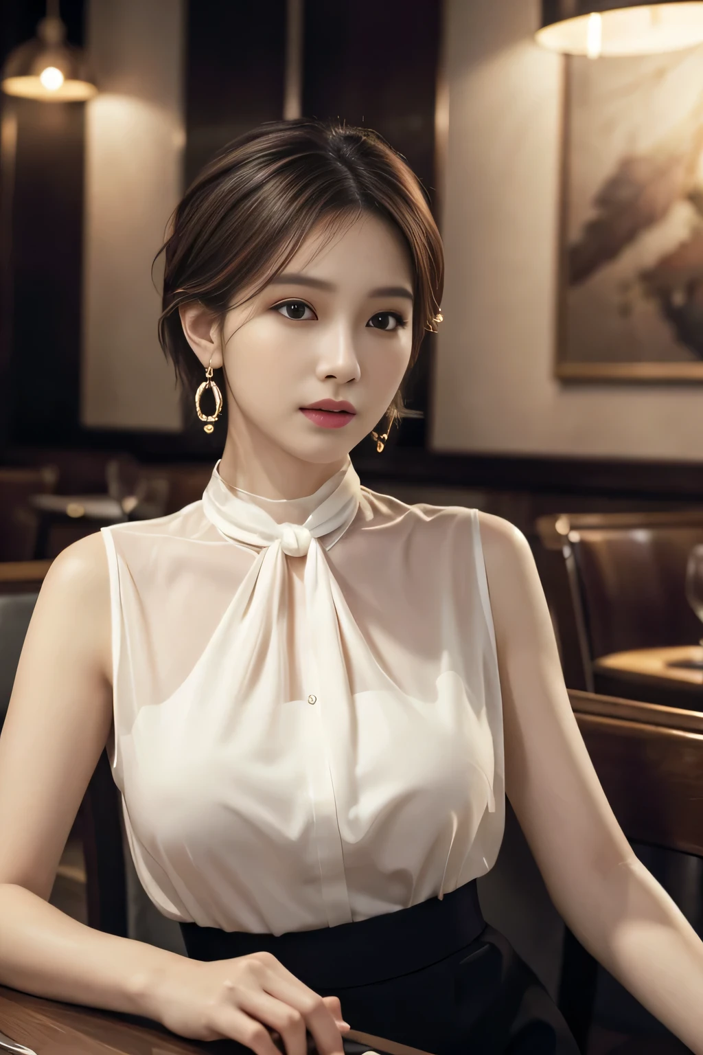 masterpiece, highest quality, Realistic, Very detailed, Finer details, High resolution, 8k wallpaper, One beautiful woman, Wear an elegant white see-through blouse, In a great restaurant, At night, Light brown unkempt short hair, Perfect dynamic composition, Beautiful and beautiful eyes、Big earrings、Sitting in a chair、Sleeveless shirt、