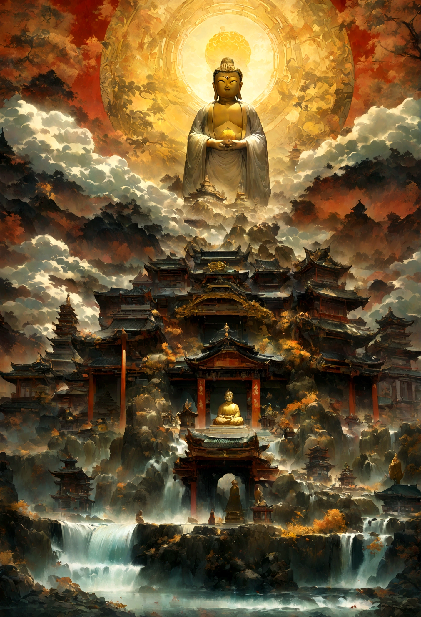 Huge stone Buddha statue，There is a staircase leading up to it, a Buddha教徒 Buddha, Zen temple background, Buddha教, Digital Painting of a Pagoda, Buddha, Buddha教徒, Temple Background, Background artwork, inspired by Kaigetsudō Anchi, Buddha教美術, Buddha, A beautiful depiction of the Tang Dynasty, Highly detailed digital art in 4K, Asian Ultra Details