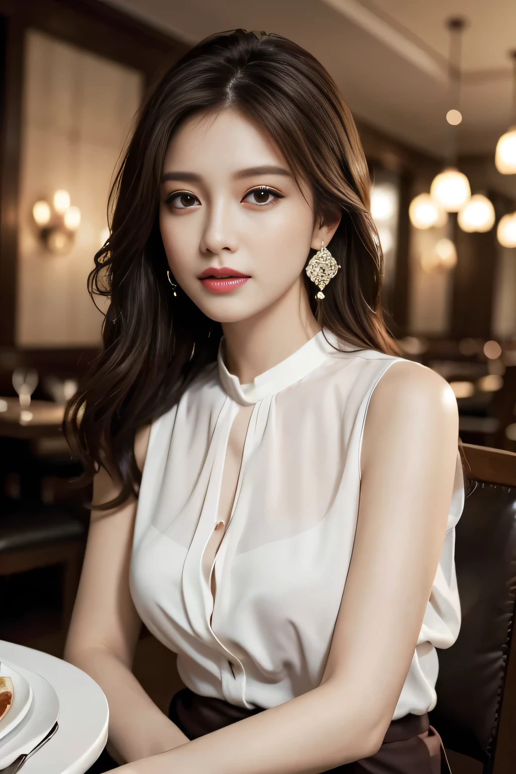 masterpiece, highest quality, Realistic, Very detailed, Finer details, High resolution, 8k wallpaper, One beautiful woman, Wear an elegant white see-through blouse, In a great restaurant, At night, Light brown messy hair, Perfect dynamic composition, Beautiful and beautiful eyes、Big earrings、Sitting in a chair、Sleeveless shirt、