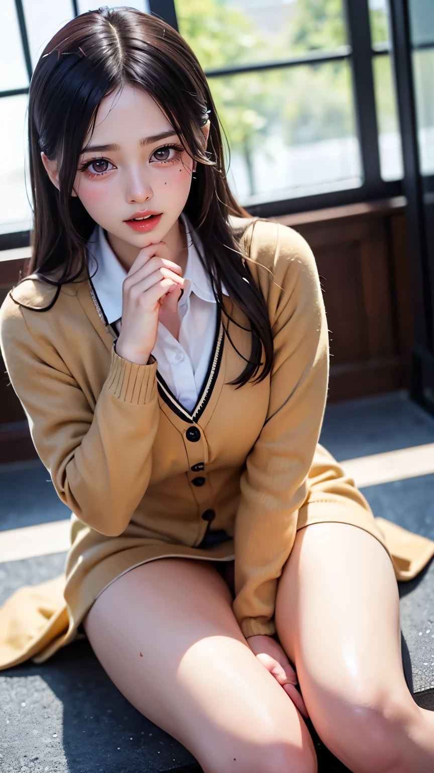 Black Hair, (Long Hair), 灰colorの目, (Glowing Eyes), (White thighs: 1.2), Orgasm Face, lure, , Captivating look, Charm, red面, shy, Sick of it, Sick of it, (Mediate), I played poorly., Watching someone, ah、Hello face, comfortable, shout, Open your mouth, Drooling, Sexual convulsions, White skin, red, バラcolorの顔, Sweat, Wet body, color, alone, Falling to the ground and crying , Duck sitting, Frustration, loneliness, caress, Sexual pleasure, Enduring joy, Elk Off, Charmな表情, (Detailed description of Falling to the ground and crying school uniform), (Duck sitting Detailed description front), Detailed description, bust (masterpiece), (close), (highest quality), Very detailed, Exquisite, beautiful, (close), (close), ( beautiful girl), (collar, collar), (Fine pink areola nails: , (Delicate depiction of skin), (voluminous skin: 1.4), Highest quality CG 8K wallpapers, Realistic, Master Level, masterpiece, Portraiture, center, Display Lens, beautiful中国と韓国の混血アイドル, (顔と顔の細部までVery detailedに描写), (red面), Lip biting makeup, Cute smile, Perfect Face, red eyes, Blind Band + Hair above one eye, (Ruby Nail). Fat_ Mons, Camel Toe,