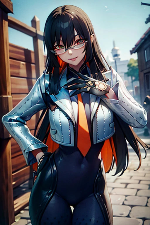 countess Daraku, long hair, glasses, gloves, pants, smile,  
BREAK looking at viewer,
BREAK outdoors,
BREAK (masterpiece:1.2), best quality, high resolution, unity 8k wallpaper, (illustration:0.8), (beautiful detailed eyes:1.6), extremely detailed face, perfect lighting, extremely detailed CG, (perfect hands, perfect anatomy)