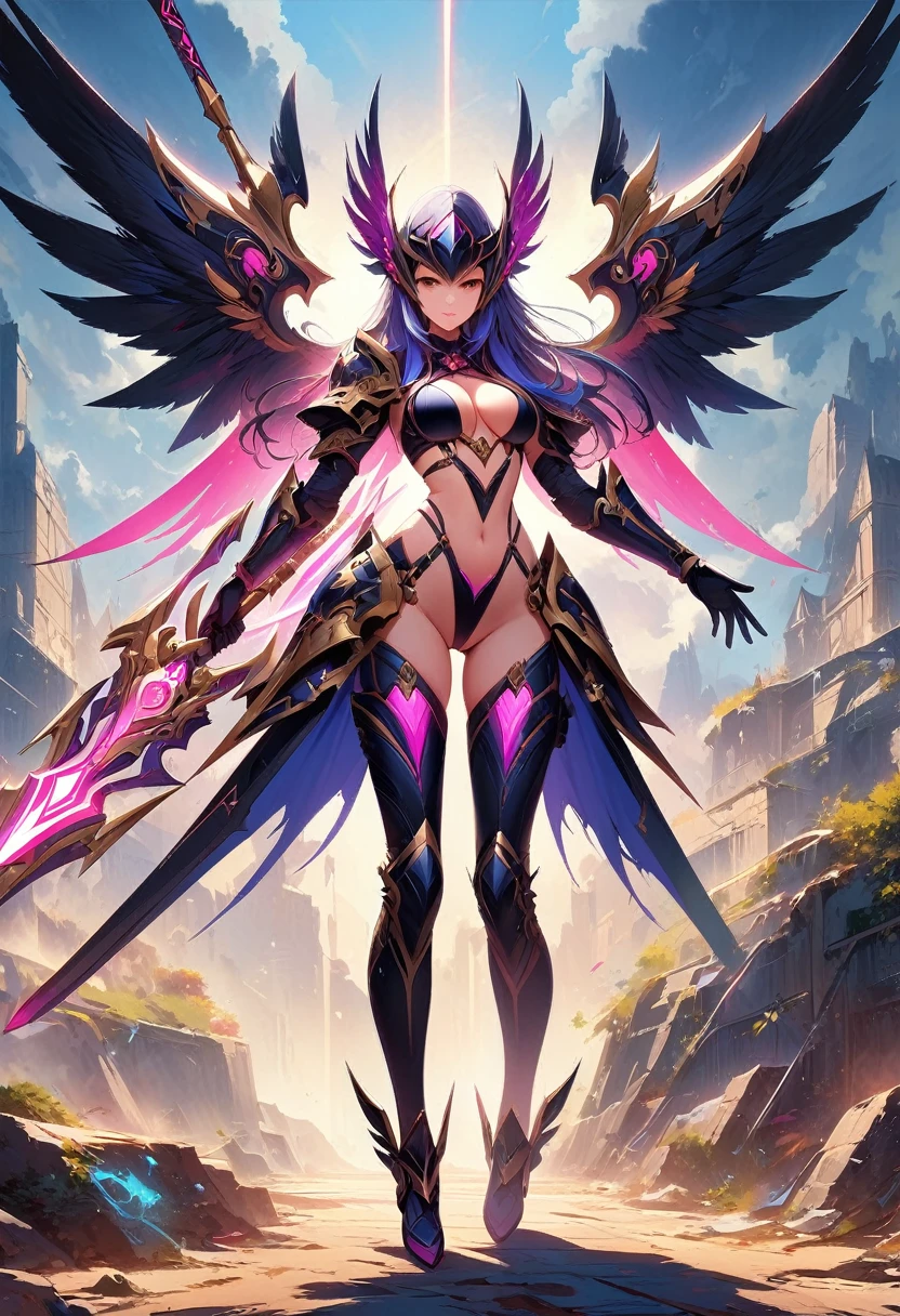 Design a layout showcase Gaming character, (1girl). Golden+Purle clothes, stylish and unique, ((showcase weapon:1.4)), magic staff, (masterpiece:1.2), (best quality), 4k, ultra-detailed, (Step by step design, layout art:1.5), (luminous lighting, atmospheric lighting), magican, ((glove full hands)), (((revealing clothes:1.3))), vambraces, armored legwear, (((full_body_shot:1.4)))
