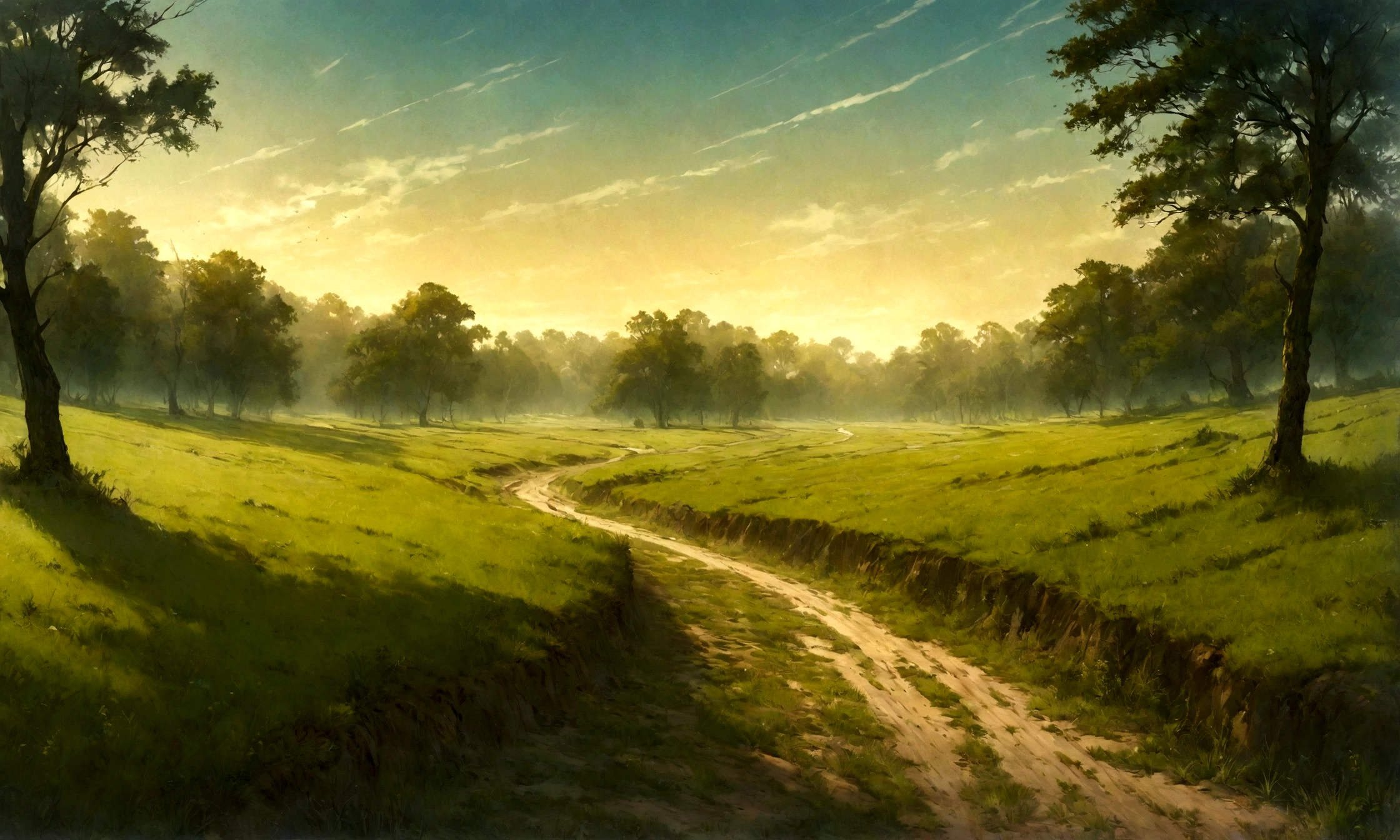 A grassy field with a dirt road on one side and a line of trees on the other, bathed in the soft light of late afternoon, perfect art, horror story colors --ar 16:9