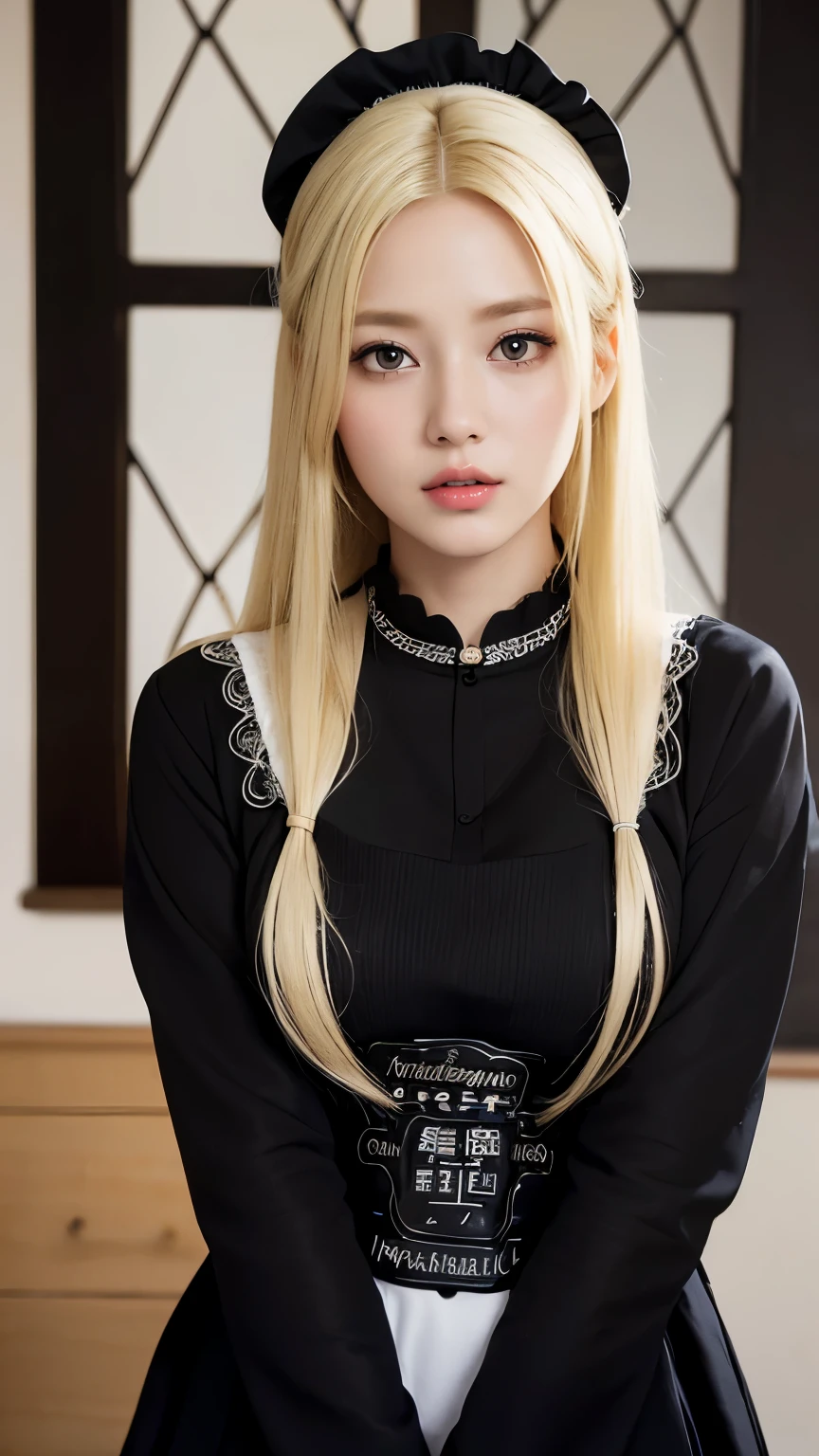 highest quality, masterpiece, 8k, Ultra-high resolution, (Realistic: 1.4), 1 girl, Beautiful Face, Symmetrical eyes, big, Perfect figure, ((Long Hair))、((blonde:1.5)), Maid、((黒いMaid服:1.4)), Audience'vision, ((Outdoor、Blurred Background:1.5)), Looking into the camera、A kind smile、Seems kind、Cowboy Shot