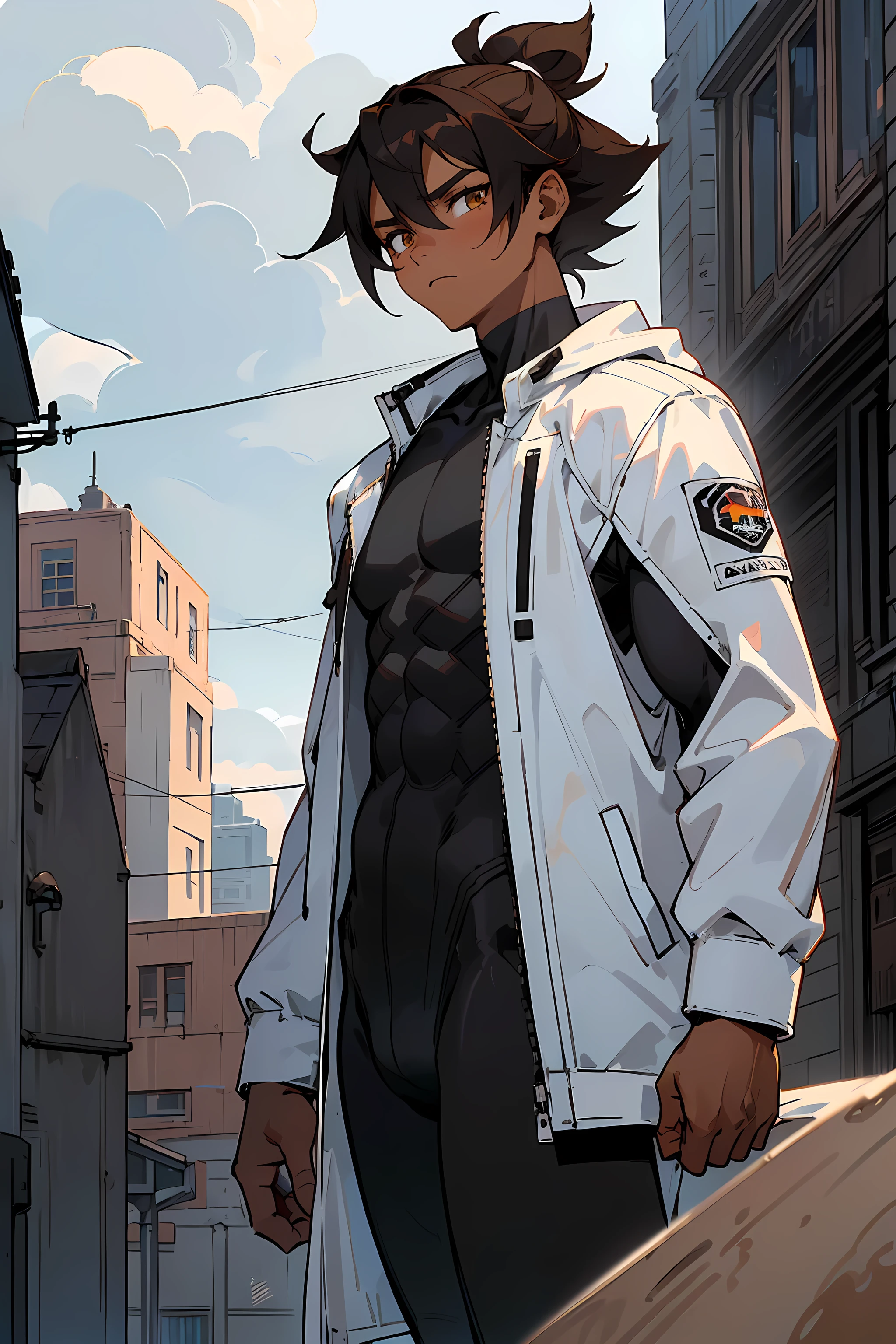 ((masterpiece,best quality,1boy,male focus,masculine,looking at viewer,solo,closed mouth,teenager,muscle,muscular)),black hair,short messy hair,topknot hair,((colorful brown eyes,perfect eyes,glowing eyes,perfect face,calm demeanor)),(((modern clothing,black body suit,open white jacket,dark skin color,standing still,caramel skin color))), ((city background,buildings,stores,street,afternoon,cloudy sky))