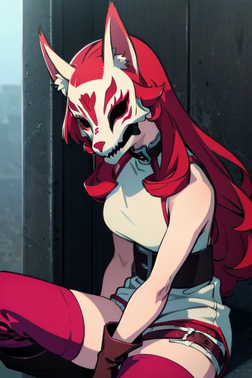 neonred, fox mask, sleeveless, gloves, thighhighs, knee boots, belt, red hair, 1girl, solo, facing viewer, looking at viewer, upper body.