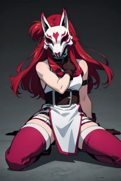 neonred, fox mask, sleeveless, gloves, thighhighs, knee boots, belt, red hair, 1girl, solo, facing viewer, looking at viewer, upper body.