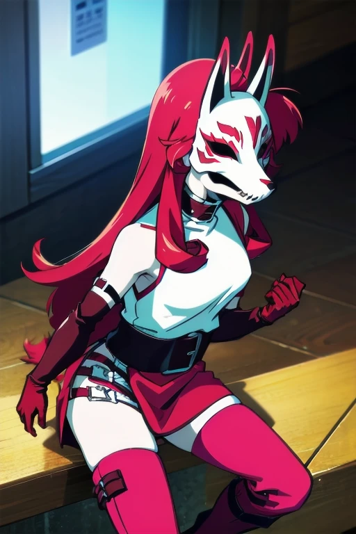 neonred, fox mask, sleeveless, gloves, thighhighs, knee boots, belt, red hair, 1girl, solo, facing viewer, looking at viewer, upper body.