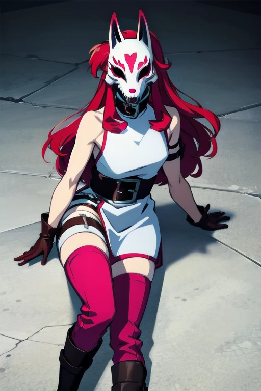 neonred, fox mask, sleeveless, gloves, thighhighs, knee boots, belt, red hair, 1girl, solo, facing viewer, looking at viewer, upper body.