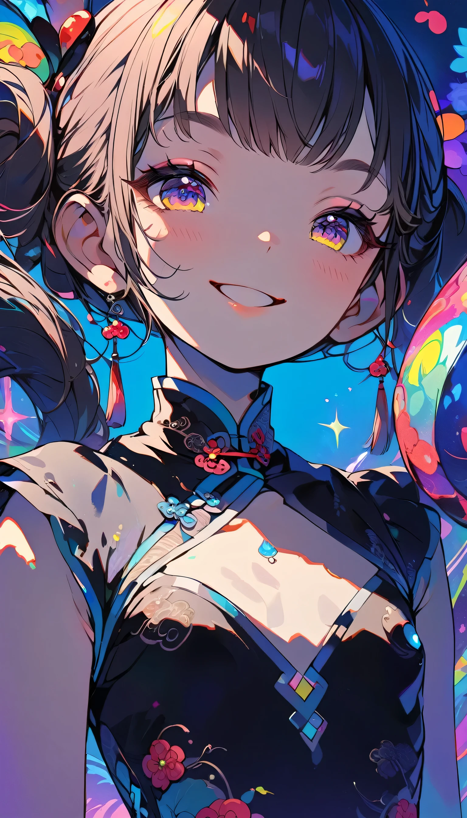 Illumination, 1 girl, kawaii, smile, slender body, (flat :1.3), sparkling, Chinese dress, vivid color, upper body, extremely detailed, huge filesize, the best quality,