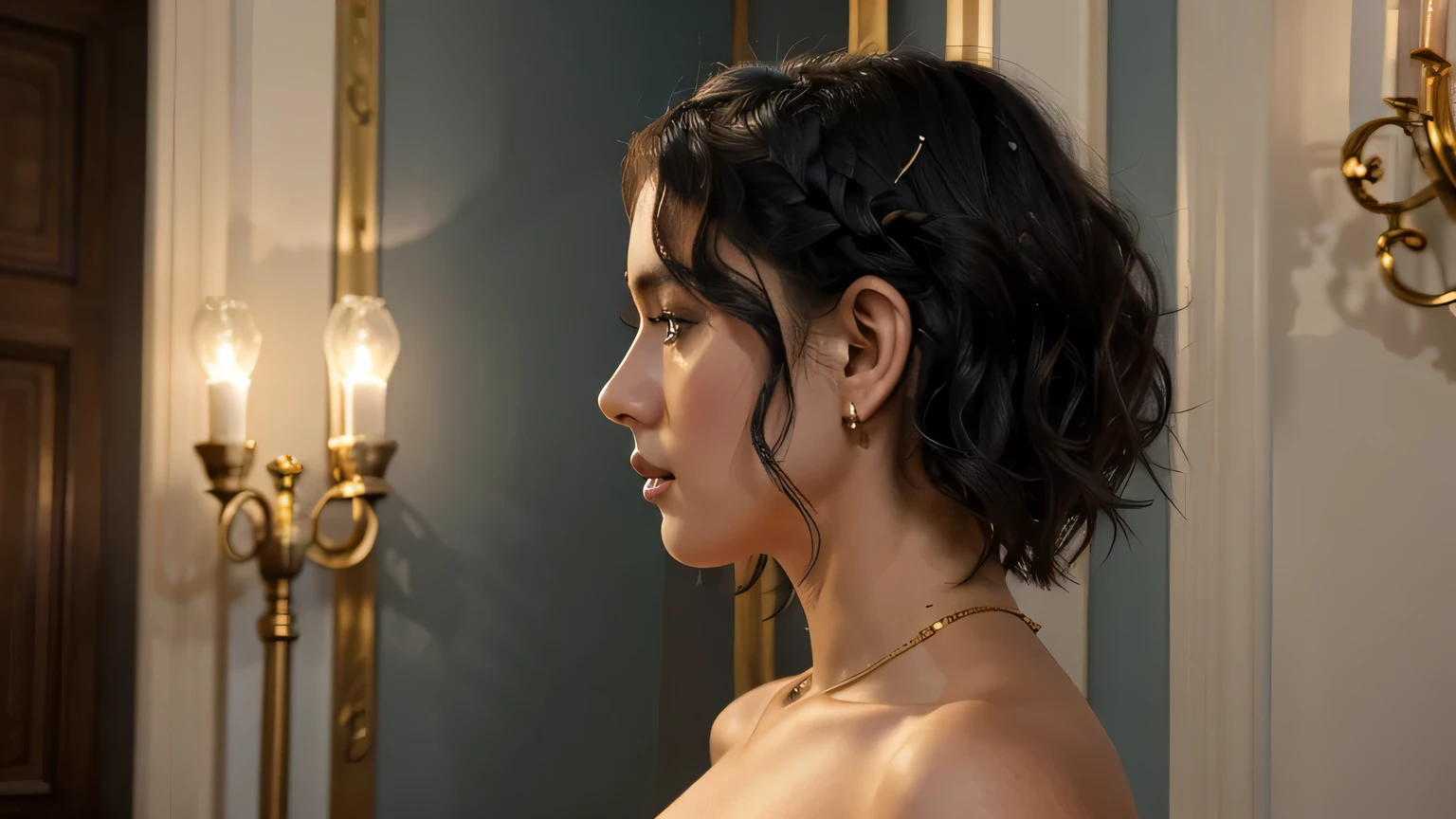 (Best quality, Ultra-detailed: 1.2), High-resolution, photorealistic: 1.4, Italian beauty, 20s, Profile view, blue room backdrop, (Short wavy hair: 1.3), Golden hour lighting, (Full-length: 1.1), Haute couture dress, (Red lipstick: 0.8), Italian design accents, (Runway pose: 1.0), Sophisticated expression, (Elegant hand placement: 0.9), Ambient light, (Italian flag decor: 0.6), (Milan Fashion Week: 1.1), Cinematic
