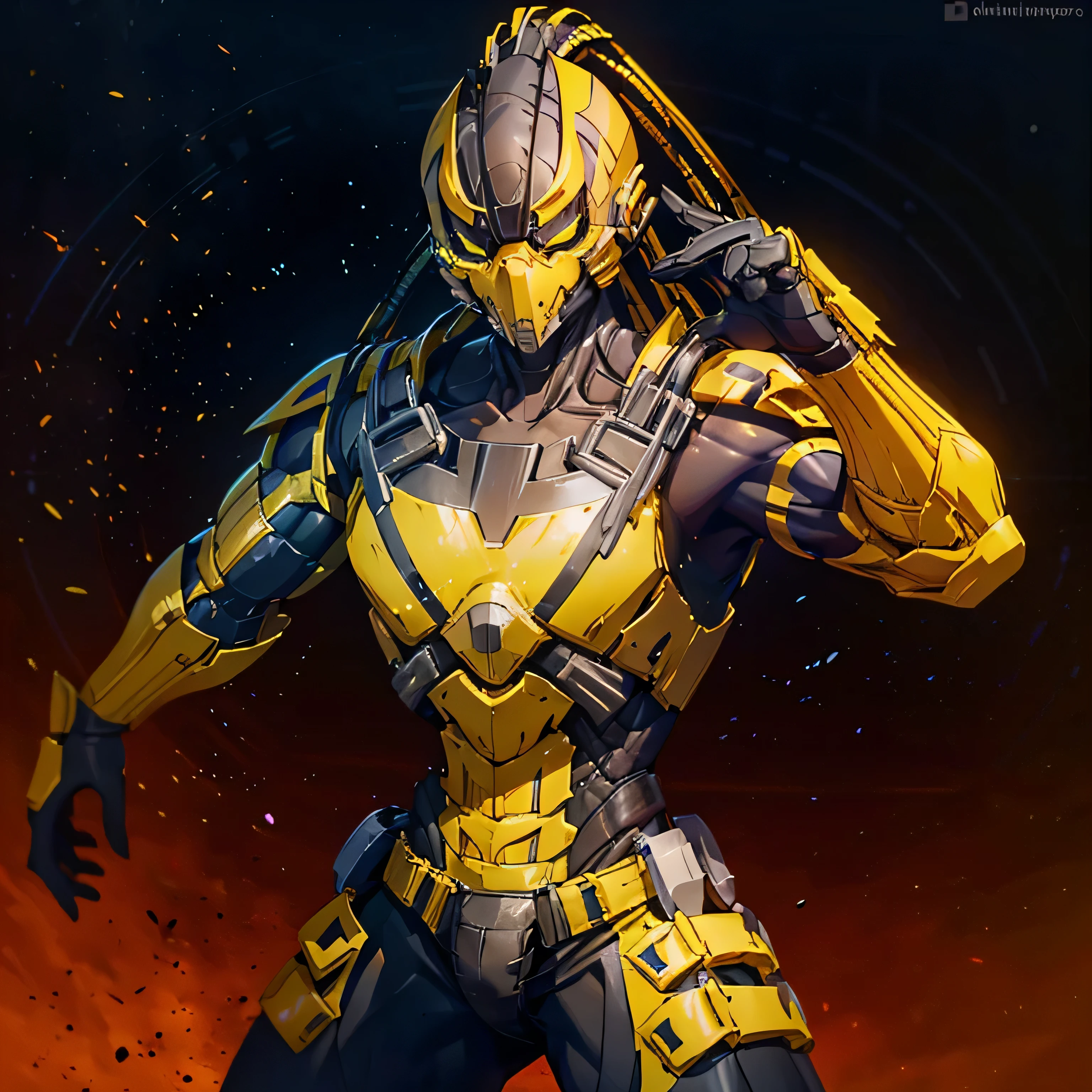 (papel de parede 8k extremamente detalhado), a medium shot of yellow cyberpunk Grim dressed as a masked ninja in armor made of metal, tema de terror, intricado, alto detalhe, dramatic, Mortal Kombat, Cyrax
