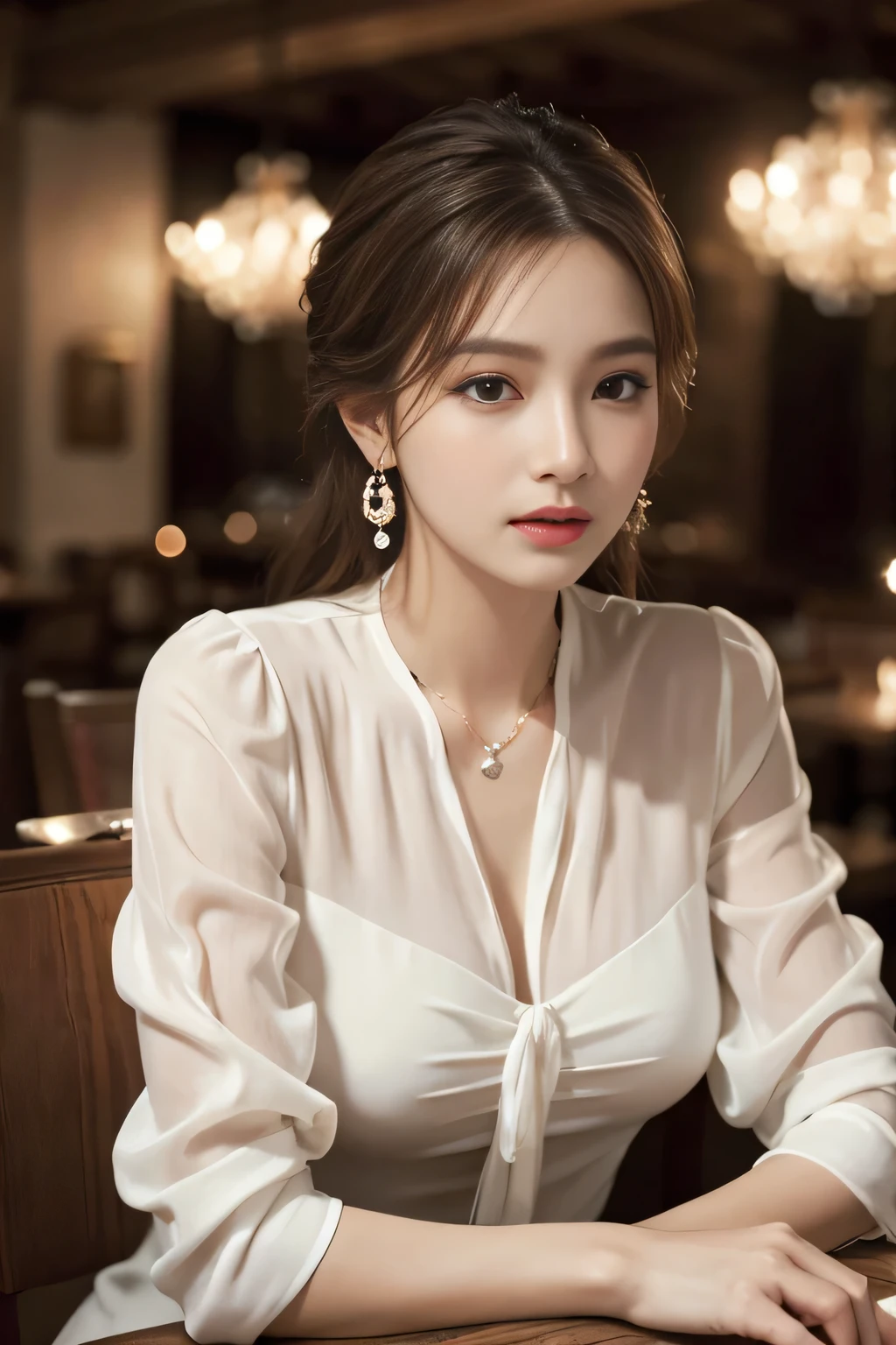 masterpiece, highest quality, Realistic, Very detailed, Finer details, High resolution, 8k wallpaper, One beautiful woman, Wear an elegant white see-through blouse, In a great restaurant, At night, Light brown messy hair, Perfect dynamic composition, Beautiful and beautiful eyes、Big earrings、Sitting in a chair、