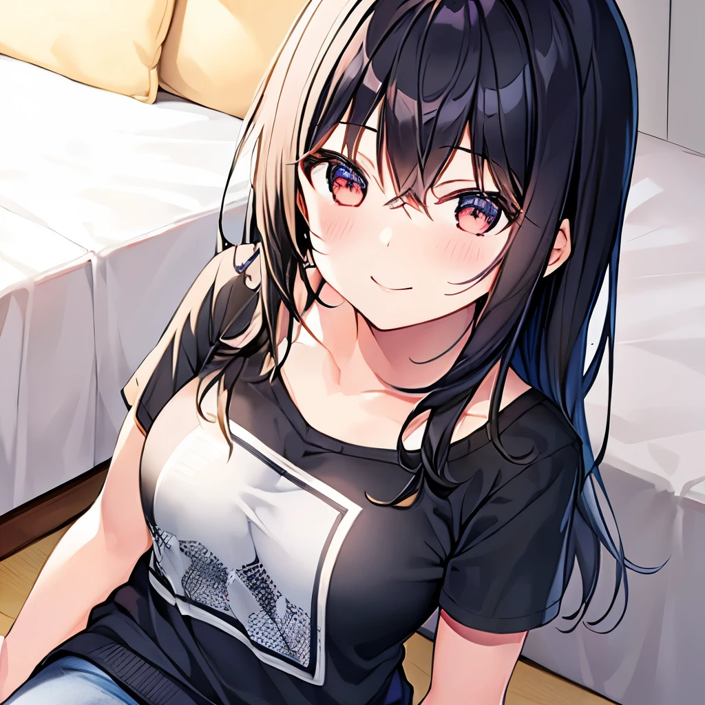 1 girl、19-year-old female、Asian、cute、Black Hair、alone、Beautiful smile、Looking up、On the bed、Casual clothing、