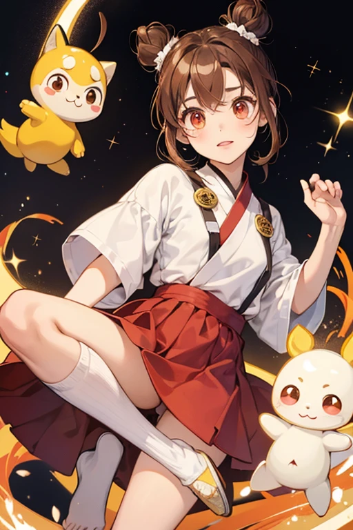 Odangonanotchi has a , white body with stubby hands and feet. She has large eyes and brown hair made of soy sauce, with two hair buns tied up with brown ribbon. SPARKLE; GLITTER