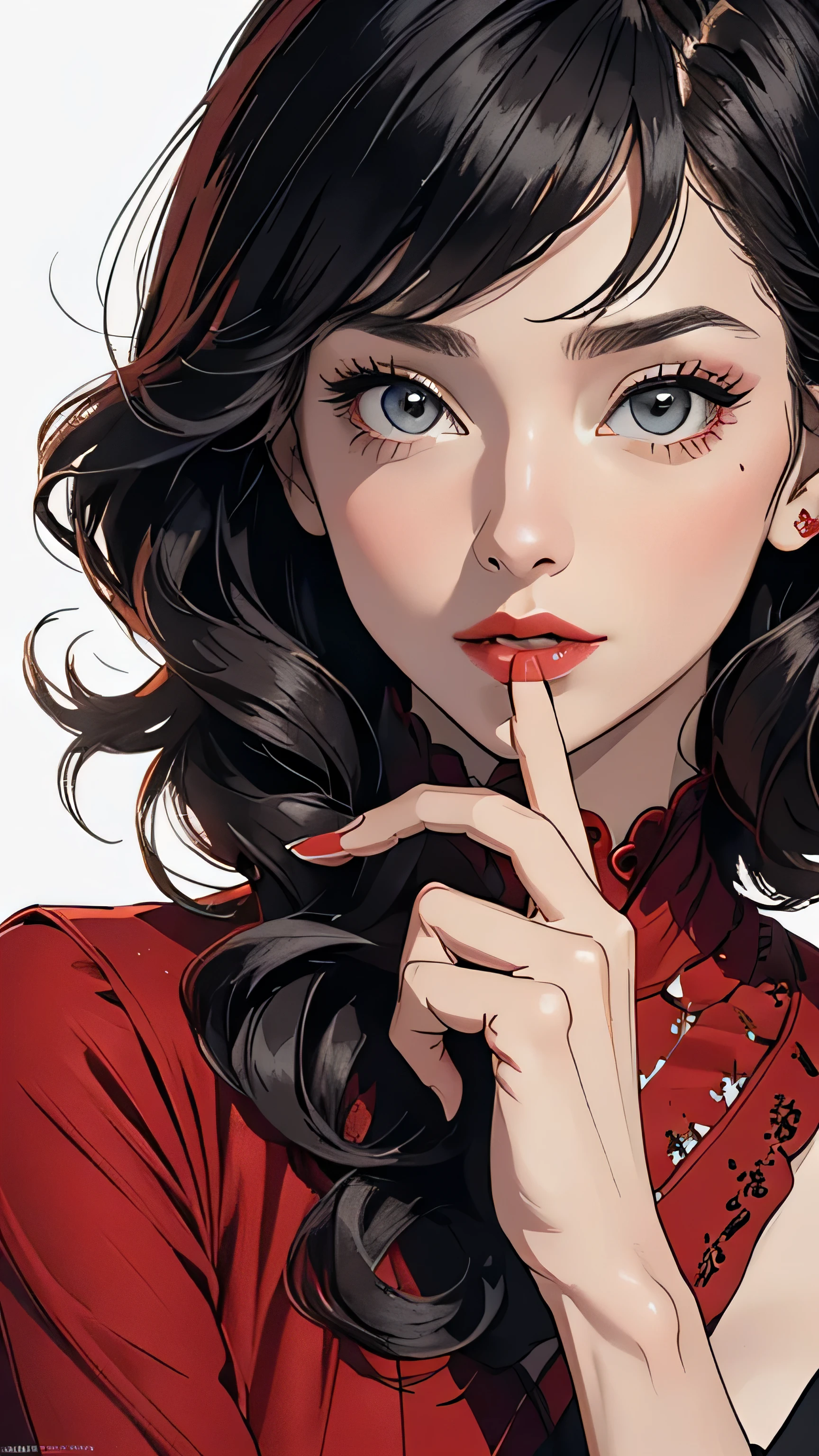((masterpiece, highest quality)),(solo:1.2),(1girl:1.2),((32k wallpaper, very detailed)),(((geometric cinematic movie poster))), (((bauhaus))),mid century modern, movie poster, retrovintage,(((Perfect Only One Lady))),(((portfolio,Close-up))),(((frontal face))),(((Upper body))),((highlight)),(((one person))),(((complete face))),(((perfect composition))),((gradient eyes)),sparkling.light leak, (((finger to mouth))), (((red dress)))