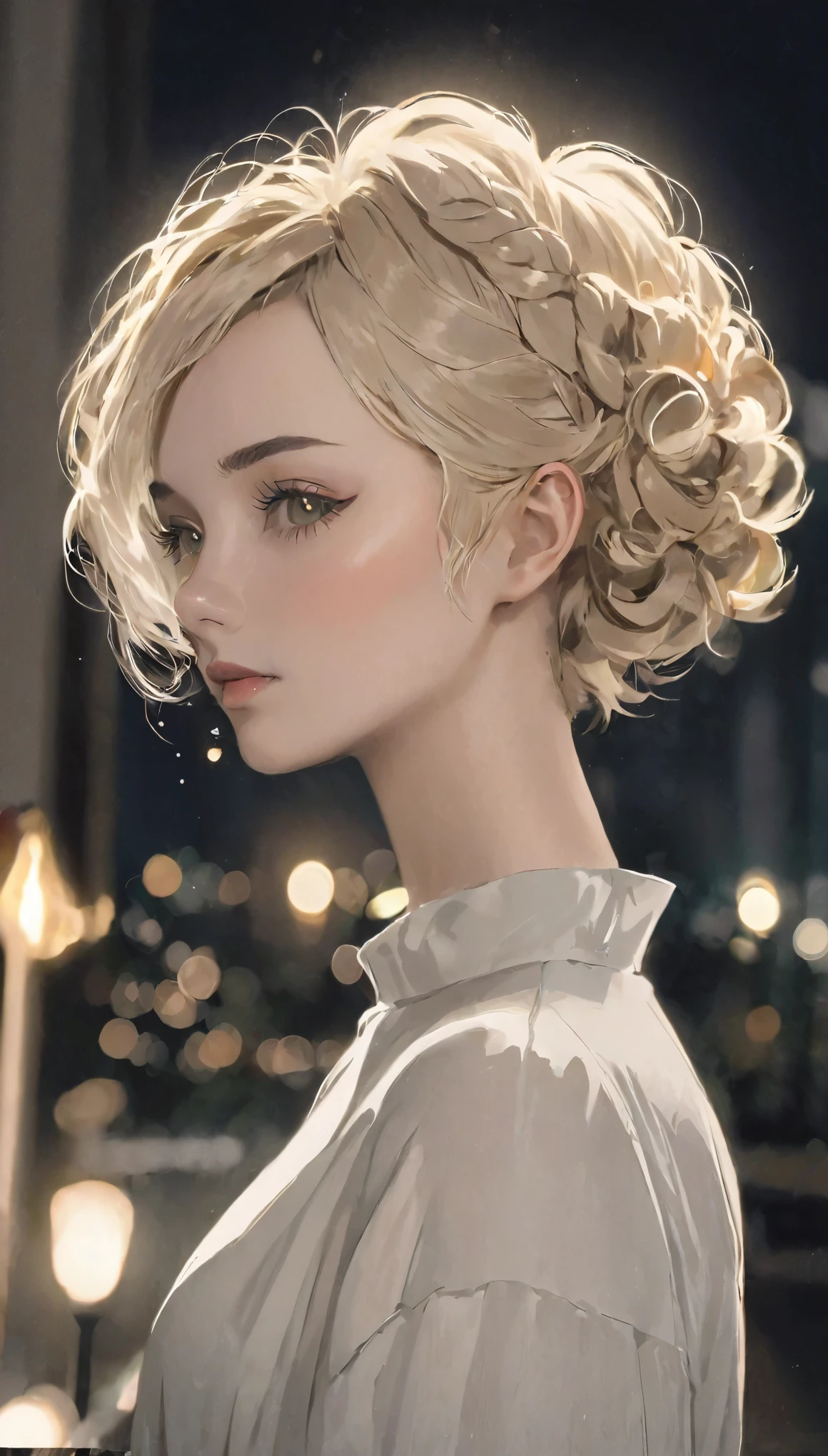 {Voluminous updo|Natural Waves|ADF|Pixie Cut}, View your viewers, (Cinematic:0.7), Depth of written boundary,
masterpiece, highest quality, Exterior, at night, (Front text:1.3),
ivory hair, Golden Eyes,