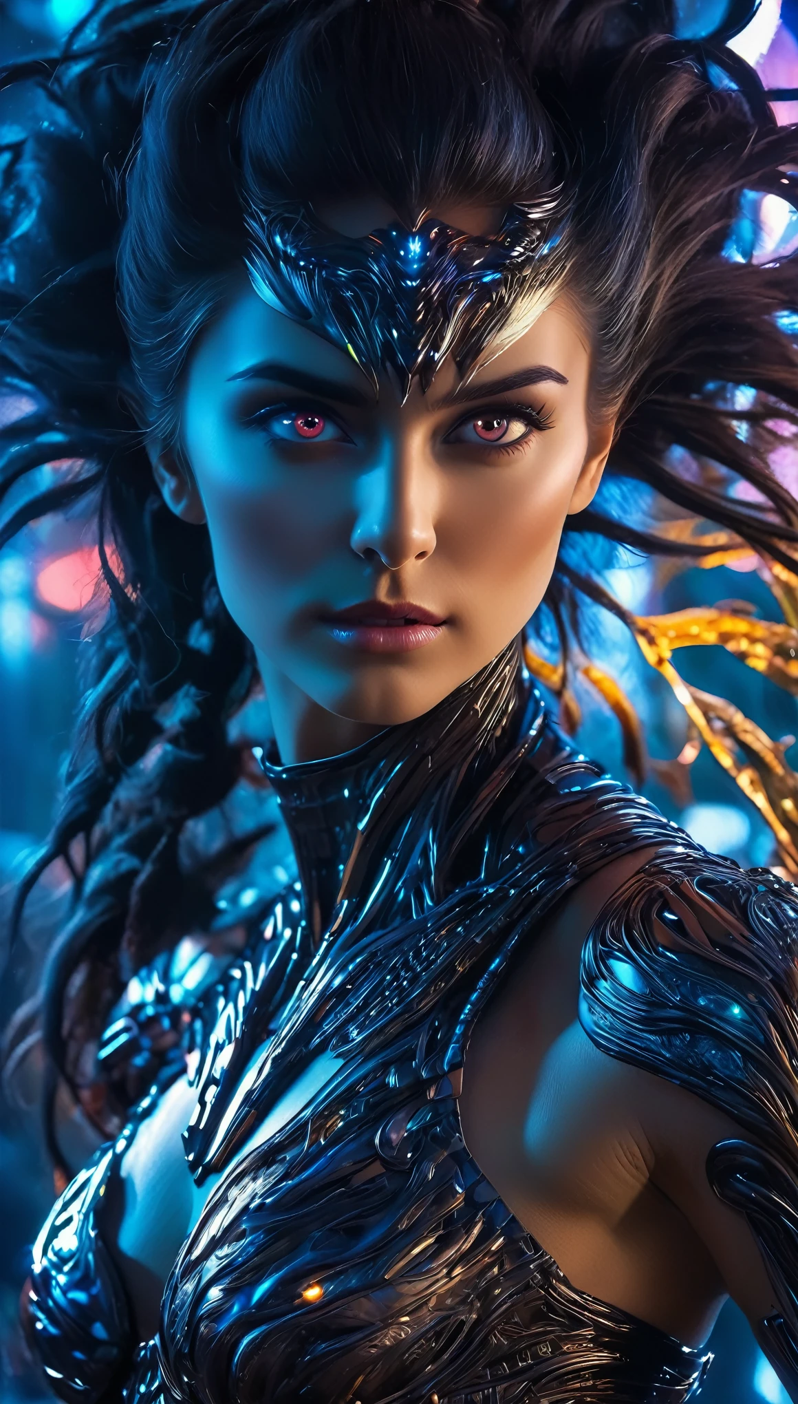 (best quality,4k,highres,masterpiece:1.2),ultra-detailed,(realistic,photorealistic:1.37),A female alien predator, of exquisite beauty beyond comparison, her intense gaze fixed on her prey with a hunter's focus, her long dark claws poised to strike. Her lean, muscular body was a sight to behold, every inch of her hyper-detailed figure exuding energy and raw power. Her shining pearl white eyes, the most beautiful face in the universe, framed by thick eyebrows, shimmered with an otherworldly allure. Her jet black hair, symmetrically arranged, glistened under the rich colorful lights that illuminated her surroundings. Her eyes, highly detailed and full of life, held a seductive, alluring gaze that was both entrancing and intimid, muscular and toned body. (beautiful abs:1.5), (She is at the battlefield of another planet:1.5), (wearing intricate Nano armor suit with a fractal design:1.4), (cinematic lighting, depth of field:1.5), (A Nano suit made using ancient technology with a design that shows her stomach and chest in a fractal pattern:1.8).