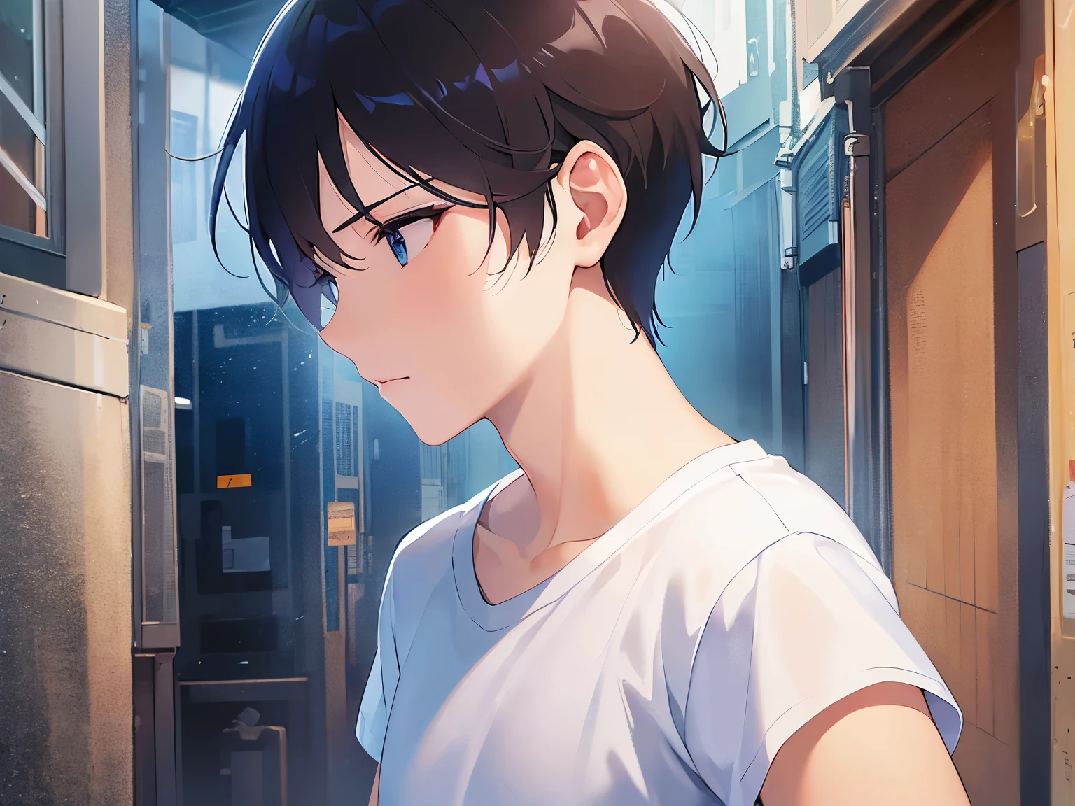 Detailed CG,Ultra-fine illustrations,masterpiece,highest quality,Upper body,shiny skin,BREAK(28-year-old male:1.5)and(Black Short Hair)and(blue eyes)BREAK,(White T-shirt:1.5)and(jeans),(sad:1.5),side angle,(looking away:1.5)and(looking down),profile,The background is the urban area,alone