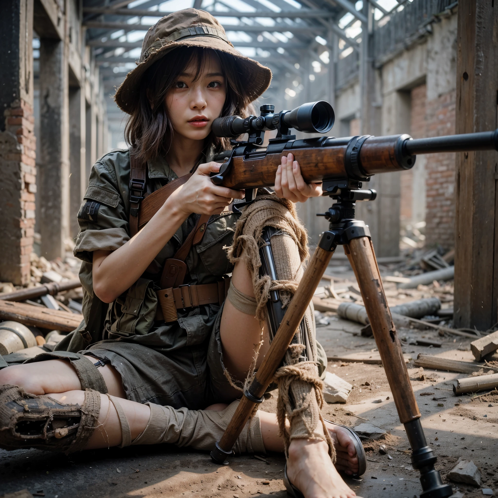 8k,Realistic Photo, Realistic Skin Texture, Superrealism, Second World War、sniper rifle、A female soldier of the former Japanese army wearing a simple prosthetic limb、Dirty Gaiters、dirty clothes、Very intricate details、Extremely realistic texture、Sense of presence、Tension、Damaged ancient ruins background、Photorealistic、taken with Fuji film X-T30+Nokton. HDR10