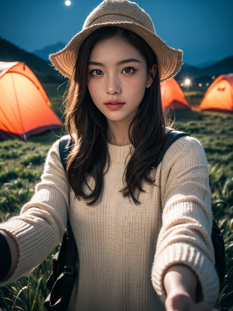 (masterpiece, best quality:1.2), (8k uhd, 16k, 32k, ultra high res), (photorealistic:1.37), (RAW photo), ultimate-realistic, ultimate-realistic details, ultimate-realistic texture, ultimate-intricate details, ultimate-realistic lighting, ultimate-realistic shadow, japanese girl, 1girl, 24yo, ultimate-cute face, ultimate-RAW skin, ultimate-eyes, ((upper body selfie, happy)), solo, outdoors, (night), mountains, nature, (stars, moon) cheerful, happy, backpack, sleeping bag, camping stove, water bottle, mountain boots, gloves, sweater, hat, flashlight, forest, rocks, river, wood, smoke, shadows, contrast, clear sky, analog style (look at viewer:1.2) (skin texture) (film grain:1.3), (warm hue, warm tone:0.9), medium shot, cinematic light, sidelighting, ultra high res, best shadow, RAW, wearing pullover, Hasselblad X2D 100C + XCD 2,5/25V, F/1.8, (cinematic still:1.4), freckles, 35mm photograph, film, bokeh, professional, 4k, highly detailed, perfect fingers ,Extremely Realistic, UHD,