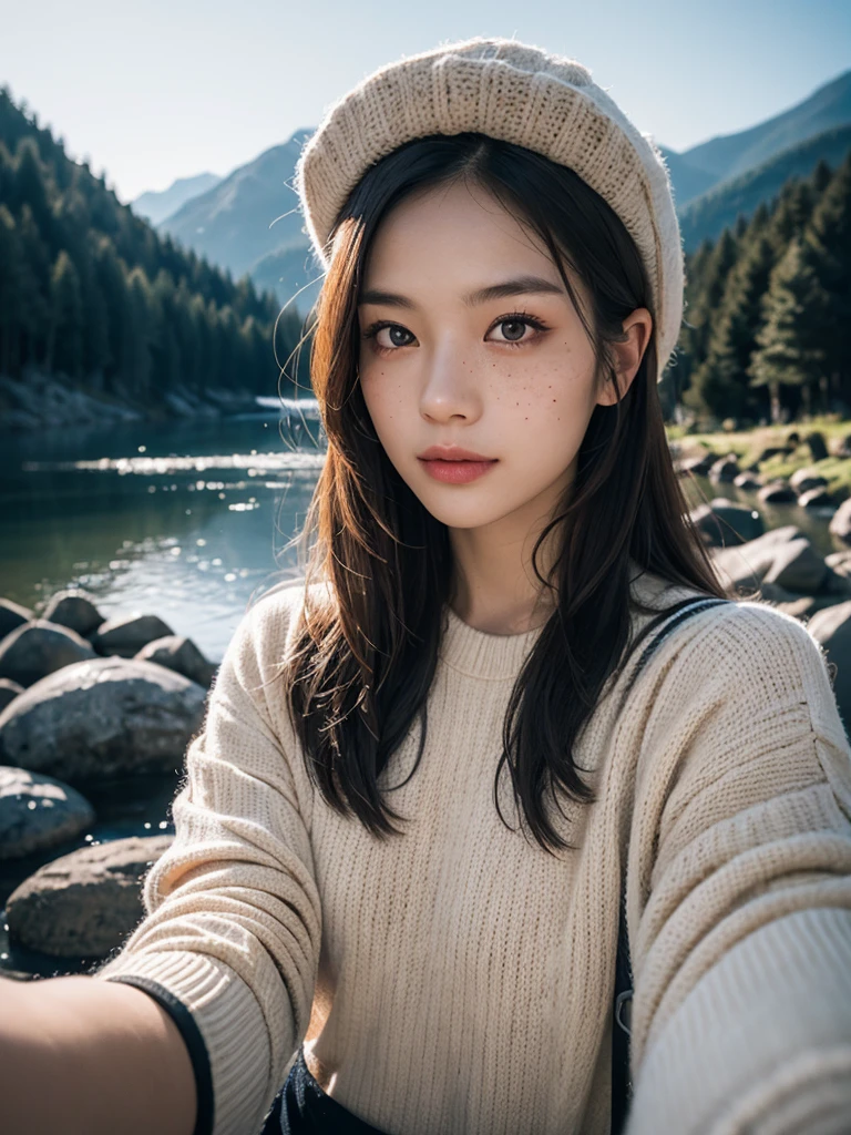 (masterpiece, best quality:1.2), (8k uhd, 16k, 32k, ultra high res), (photorealistic:1.37), (RAW photo), ultimate-realistic, ultimate-realistic details, ultimate-realistic texture, ultimate-intricate details, ultimate-realistic lighting, ultimate-realistic shadow, japanese girl, 1girl, 24yo, ultimate-cute face, ultimate-RAW skin, ultimate-eyes, ((upper body selfie, happy)), solo, outdoors, (night), mountains, nature, (stars, moon) cheerful, happy, backpack, sleeping bag, camping stove, water bottle, mountain boots, gloves, sweater, hat, flashlight, forest, rocks, river, wood, smoke, shadows, contrast, clear sky, analog style (look at viewer:1.2) (skin texture) (film grain:1.3), (warm hue, warm tone:0.9), medium shot, cinematic light, sidelighting, ultra high res, best shadow, RAW, wearing pullover, Hasselblad X2D 100C + XCD 2,5/25V, F/1.8, (cinematic still:1.4), freckles, 35mm photograph, film, bokeh, professional, 4k, highly detailed, perfect fingers ,Extremely Realistic, UHD,