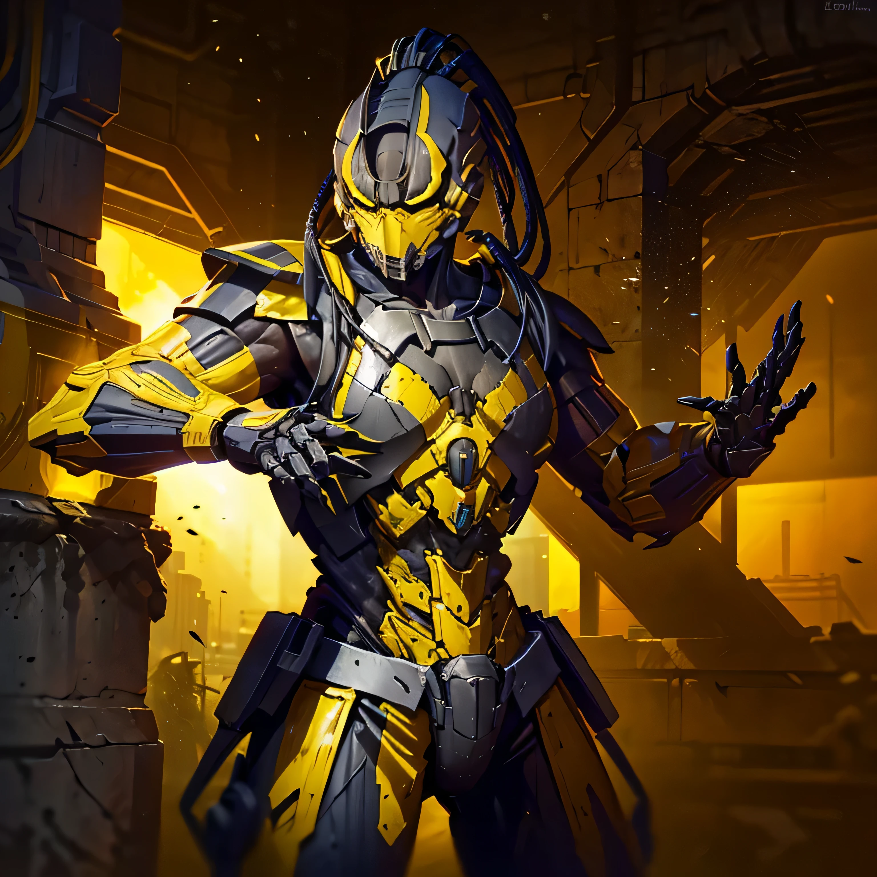 (papel de parede 8k extremamente detalhado), a medium shot of yellow cyberpunk Grim dressed as a masked ninja in armor made of metal, tema de terror, intricado, alto detalhe, dramatic, Mortal Kombat, Cyrax