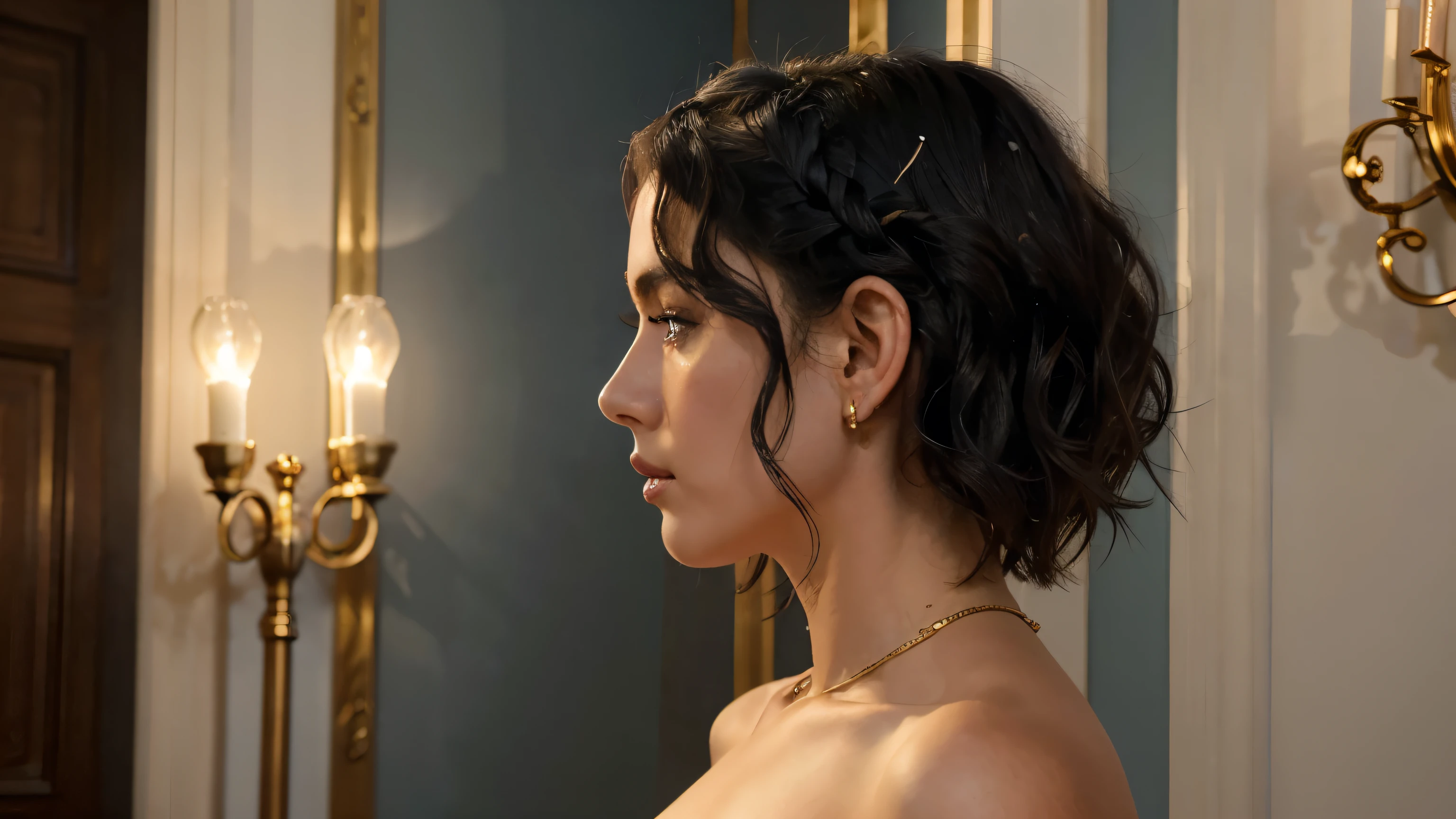 (Best quality, Ultra-detailed: 1.2), High-resolution, photorealistic: 1.4, Italian beauty, 20s, Profile view, blue room backdrop, (Short wavy hair: 1.3), Golden hour lighting, (Full-length: 1.1), Haute couture dress, (Red lipstick: 0.8), Italian design accents, (Runway pose: 1.0), Sophisticated expression, (Elegant hand placement: 0.9), Ambient light, (Italian flag decor: 0.6), (Milan Fashion Week: 1.1), Cinematic