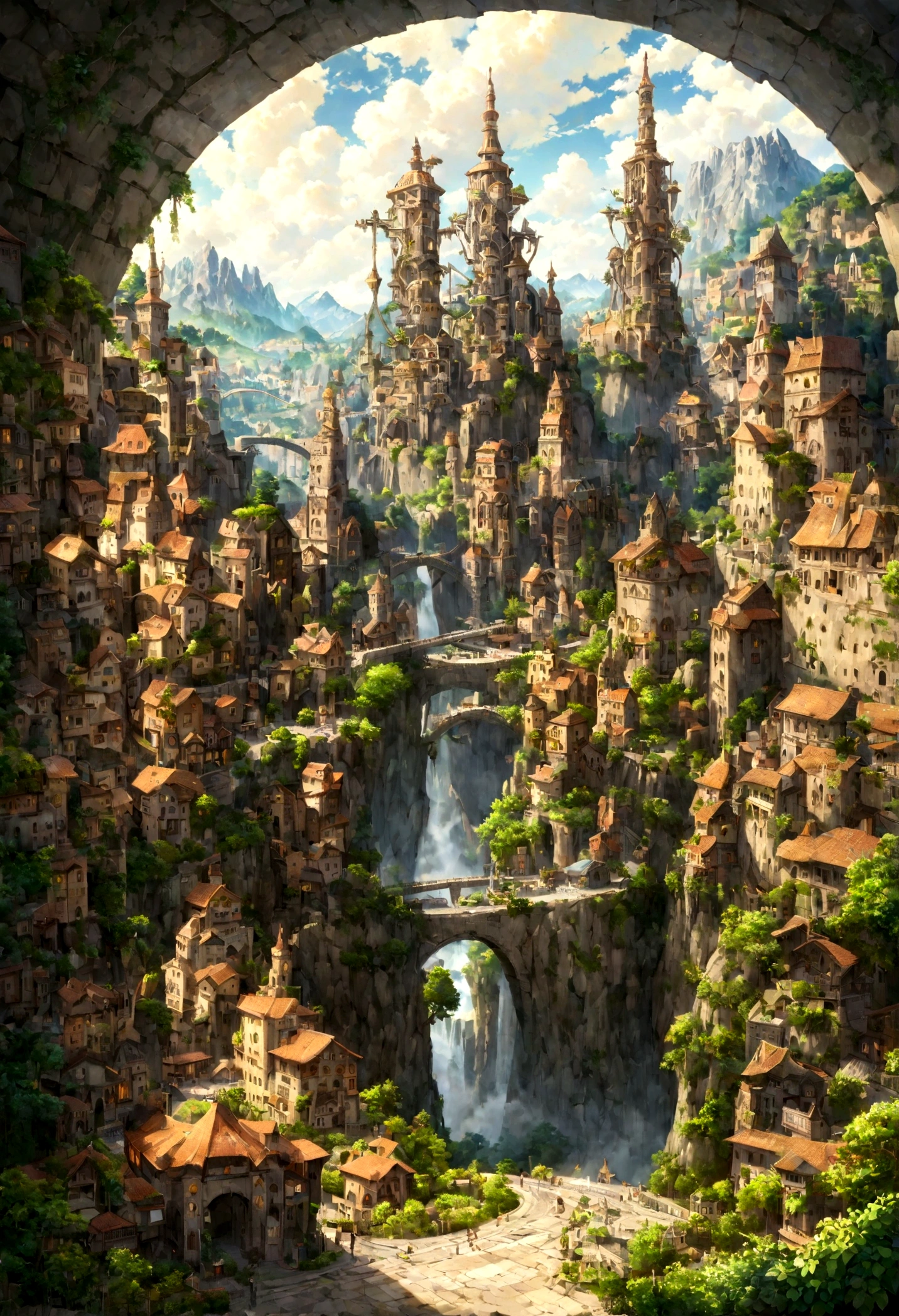A highly detailed anime-style still art, Ghibli studio style, masterpiece, official art, professional, ((ultra-detailed)), 8k, ((Not show people)), Arabesque pattern, fantastical city carved within a large, rugged mountain. The mountain should appear rough and imposing, with intricate pathways and structures carved into its rocky surface. The city inside should have a unique, surreal design that could not exist in reality. Include elements such as twisting towers, floating platforms, and unusual bridges. The architecture should be imaginative and otherworldly, with buildings featuring intricate details and ornate designs. Surround the city with lush greenery and small waterfalls. Illuminate the scene with a soft, otherworldly light to enhance the sense of wonder and mystery. Add distant, ethereal structures in the background to create depth and a dreamlike atmosphere