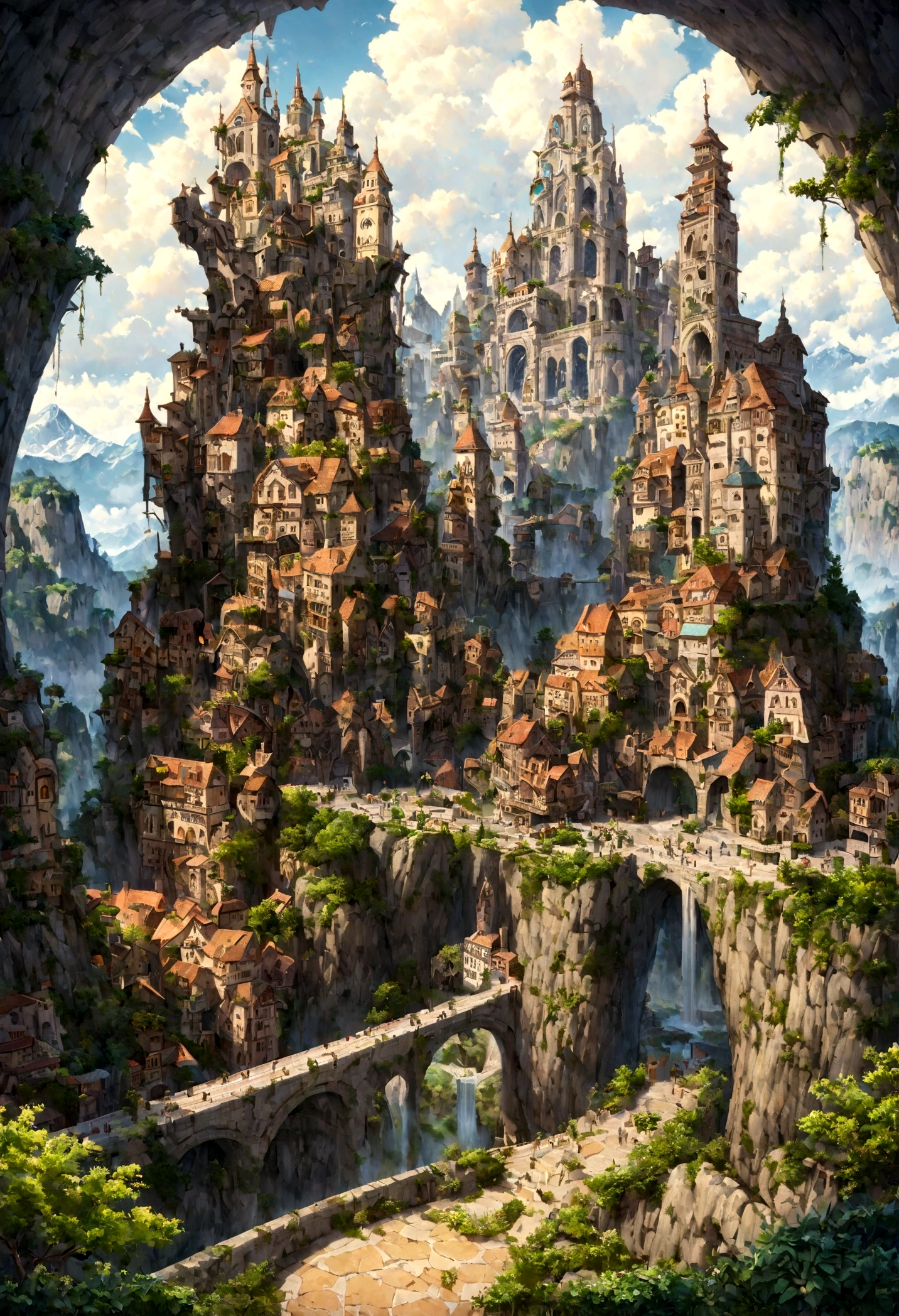 A highly detailed anime-style still art, Ghibli studio style, masterpiece, official art, professional, ((ultra-detailed)), 8k, ((Not show people)), Arabesque pattern, fantastical city carved within a large, rugged mountain. The mountain should appear rough and imposing, with intricate pathways and structures carved into its rocky surface. The city inside should have a unique, surreal design that could not exist in reality. Include elements such as twisting towers, floating platforms, and unusual bridges. The architecture should be imaginative and otherworldly, with buildings featuring intricate details and ornate designs. Surround the city with lush greenery and small waterfalls. Illuminate the scene with a soft, otherworldly light to enhance the sense of wonder and mystery. Add distant, ethereal structures in the background to create depth and a dreamlike atmosphere