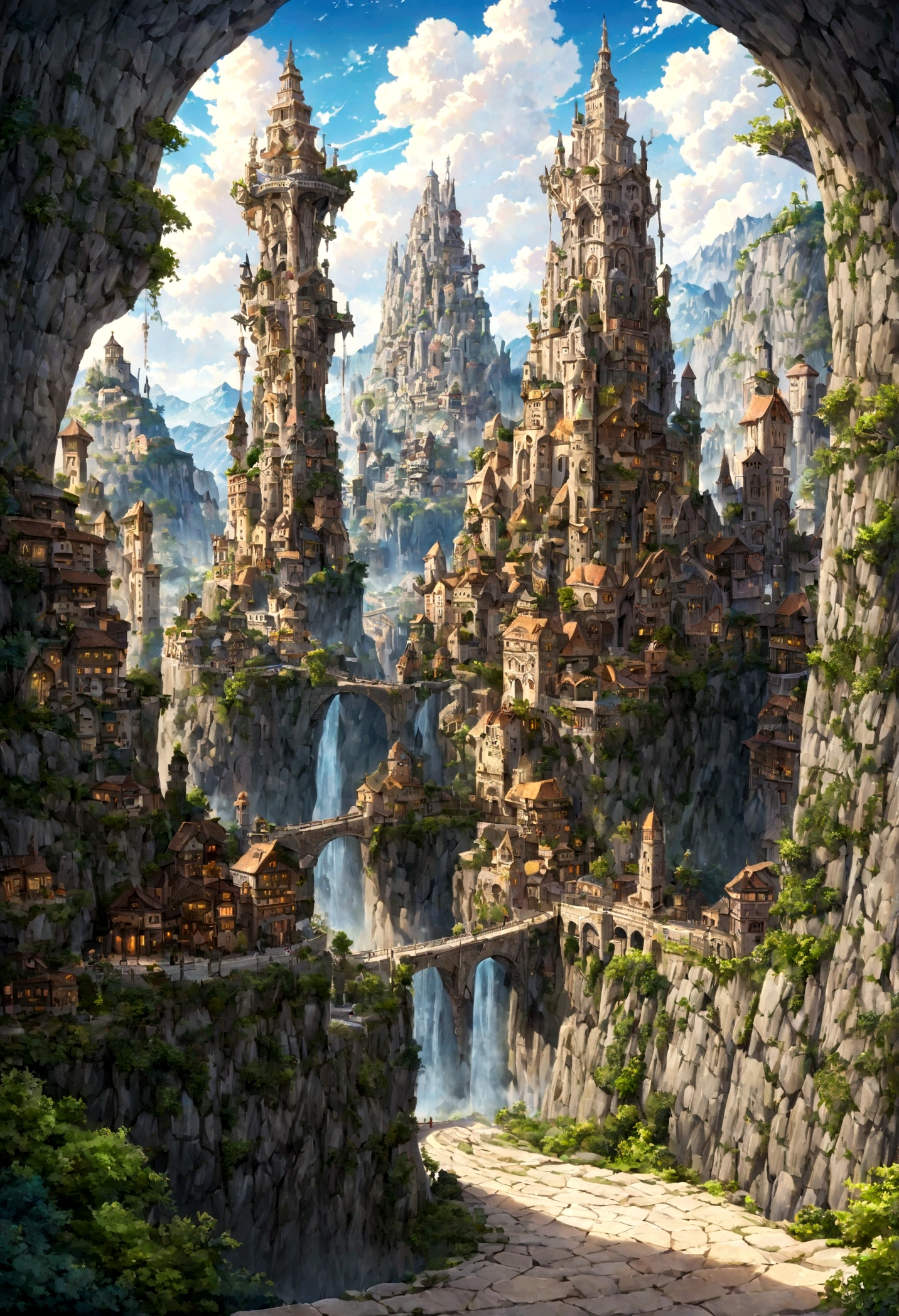 A highly detailed anime-style still art, Ghibli studio style, masterpiece, official art, professional, ((ultra-detailed)), 8k, ((Not show people)), Arabesque pattern, fantastical city carved within a large, rugged mountain. The mountain should appear rough and imposing, with intricate pathways and structures carved into its rocky surface. The city inside should have a unique, surreal design that could not exist in reality. Include elements such as twisting towers, floating platforms, and unusual bridges. The architecture should be imaginative and otherworldly, with buildings featuring intricate details and ornate designs. Surround the city with lush greenery and small waterfalls. Illuminate the scene with a soft, otherworldly light to enhance the sense of wonder and mystery. Add distant, ethereal structures in the background to create depth and a dreamlike atmosphere