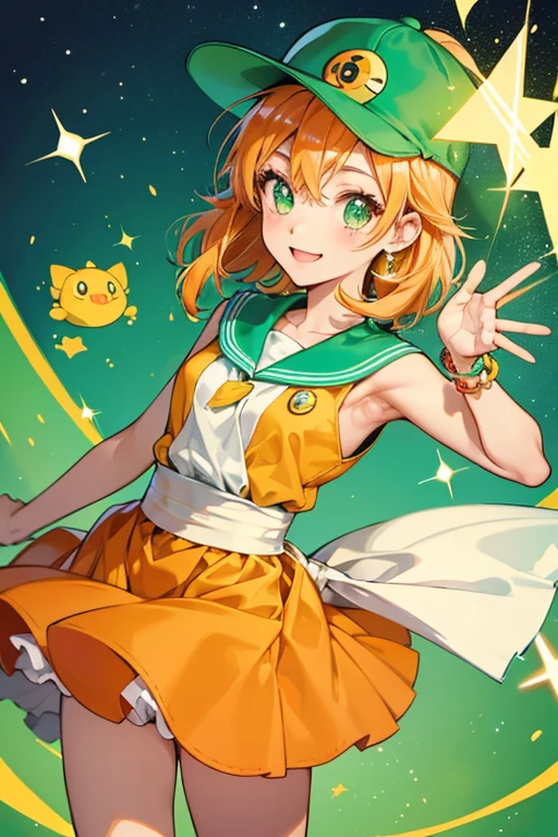 Oipatchi is a orange Tamagotchi SHe wears a light green cap with a light diamond on it. SHe also wears a sash with several badges on it. SPARKLE; GLITTER