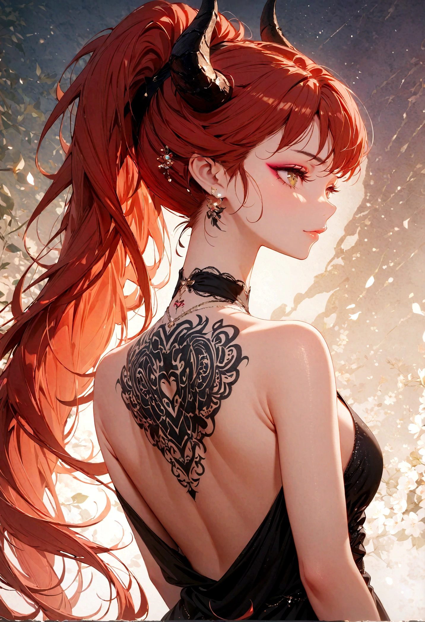 best quality,masterpiece,Ultra-high resolution,Intricate details,8K,Clear focus,((No text)),(Extremely detailed CG unity 8k wallpaper),From the back,1 Girl,Devil Girl,devil horns,long hair,Red hair,Thick thighs,(Back tattoo:1.2),Evening dress,Halter neck dress,Back tattoo,Perfect face, Exquisite makeup,close up