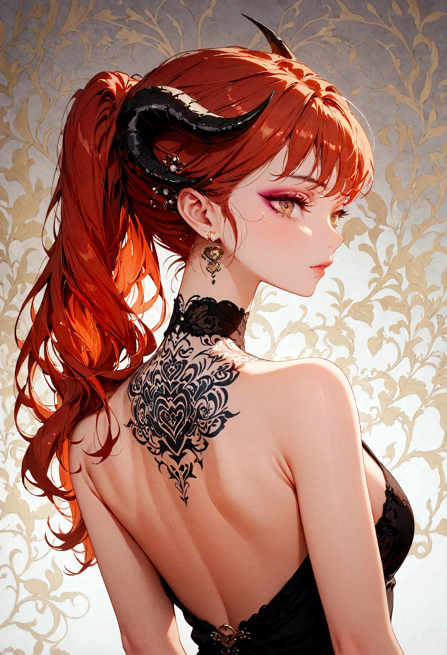 best quality,masterpiece,Ultra-high resolution,Intricate details,8K,Clear focus,((No text)),(Extremely detailed CG unity 8k wallpaper),From the back,1 Girl,Devil Girl,devil horns,long hair,Red hair,Thick thighs,(Back tattoo:1.2),Evening dress,Halter neck dress,Back tattoo,Perfect face, Exquisite makeup,close up