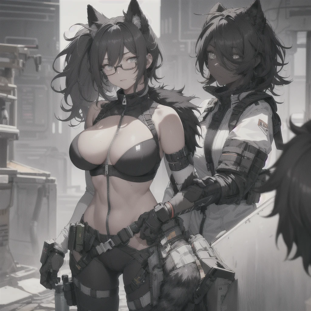 top quality, best quality, High-quality illustrations, masterpiece, super high resolution, detailed background, detailed eyes, shy, absurdres(highly detailed beautiful face and eyes)perfect anatomy(kemono, furry anthro), (((character is grayscale))), streamlined integrated breasts tubes connected to valves on nipples and lead down and behind her torso, smaller waist, full squishy thighs, full wide hips, round full butt, smaller torso, more narrow torso, (((Tight tactical bodysleeve worn under clothing))), (((wearing tight fitted white zipped shirt))), (((black fur))), (((dark body))), (((no nudity))), solo, female, kemono, hair, fullbody view, standing up straight, not leaning over, (((detailed eyes))), silver reflective colored iris, city, golden hour, plants, (((by bebebebebe))), by buta99, by pgm300, by kishibe, by suurin 2, by sindoll, by secretly saucy, by ANUKI_ex, (((dark grey hair))), (((wavy hair))), (((black fur))), (((no fur pattern))), (((all black body))), (((black body))), feline, cat, glasses, scifi cyberpunk techwear cargo pants with utility straps, tight bra with thin straps and underbust support that struggle to hold breasts that squish and barely fit with excess breast squishing out from cleavage and sides worn under jacket and over shirt, bra zips in the middle, bra straps connecting to harness for support, techwear crop jacket, harness supports breasts, scifi devices and tactical gear, tech harness, utility focused clothing, scifi tactical cylinder canister attached horizontally to her belt behind her with subtle tubes leading out from each side through her clothing and up to her breasts, high collar top, (((dark grey eyes))), open mouth, facing camera, (((messy hair))), short hair, messy ponytail, full body covered in black fur, freckles on her thighs back and arms, no fluids, (((zzzz-cup size breasts))), (((very large swollen breasts that have difficulty fitting in clothing))), nipple silhouette from clothing, inverted nipples, puffy nipple,