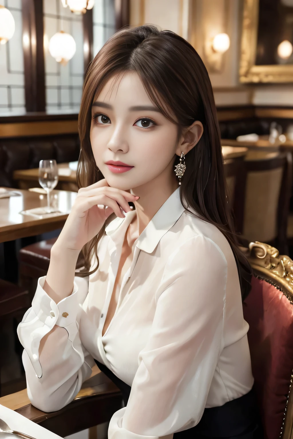 masterpiece, highest quality, Realistic, Very detailed, Finer details, High resolution, 8k wallpaper, One beautiful woman, Wear an elegant white see-through blouse, In a great restaurant, At night, Light brown messy hair, Perfect dynamic composition, Beautiful and beautiful eyes、Big earrings、Sitting in a chair、