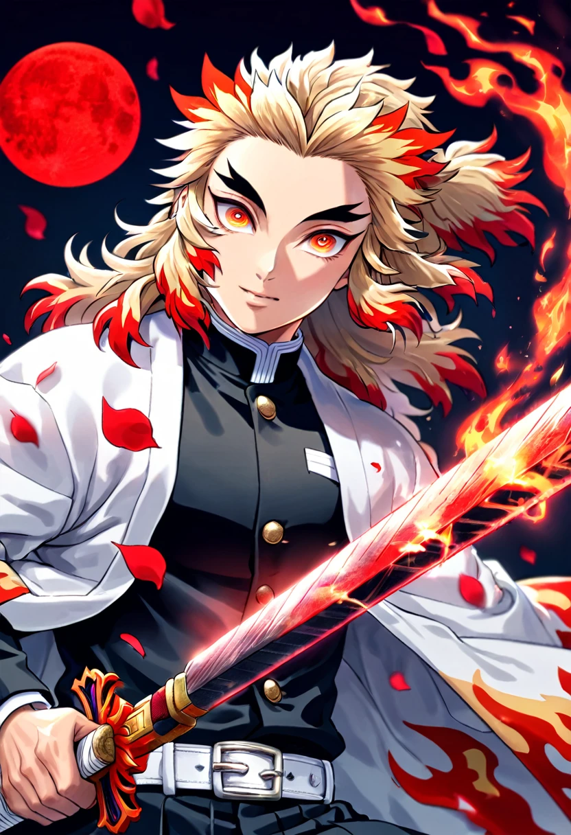 Ultra detailed, highres, absurdres, HDR, master piece, Rengoku Kyojuro, blond hair, expressive golden eyes, white haori with patters of flames, black demon slayer uniform, Kimetsu No Yaiba, fantasy, petals, red flowers, handsome, sexy man grabbing a sword, solo, magic, shining red fireflies, red moon, best quality, extremely detailed face and eyes, fire, grabbing a sword