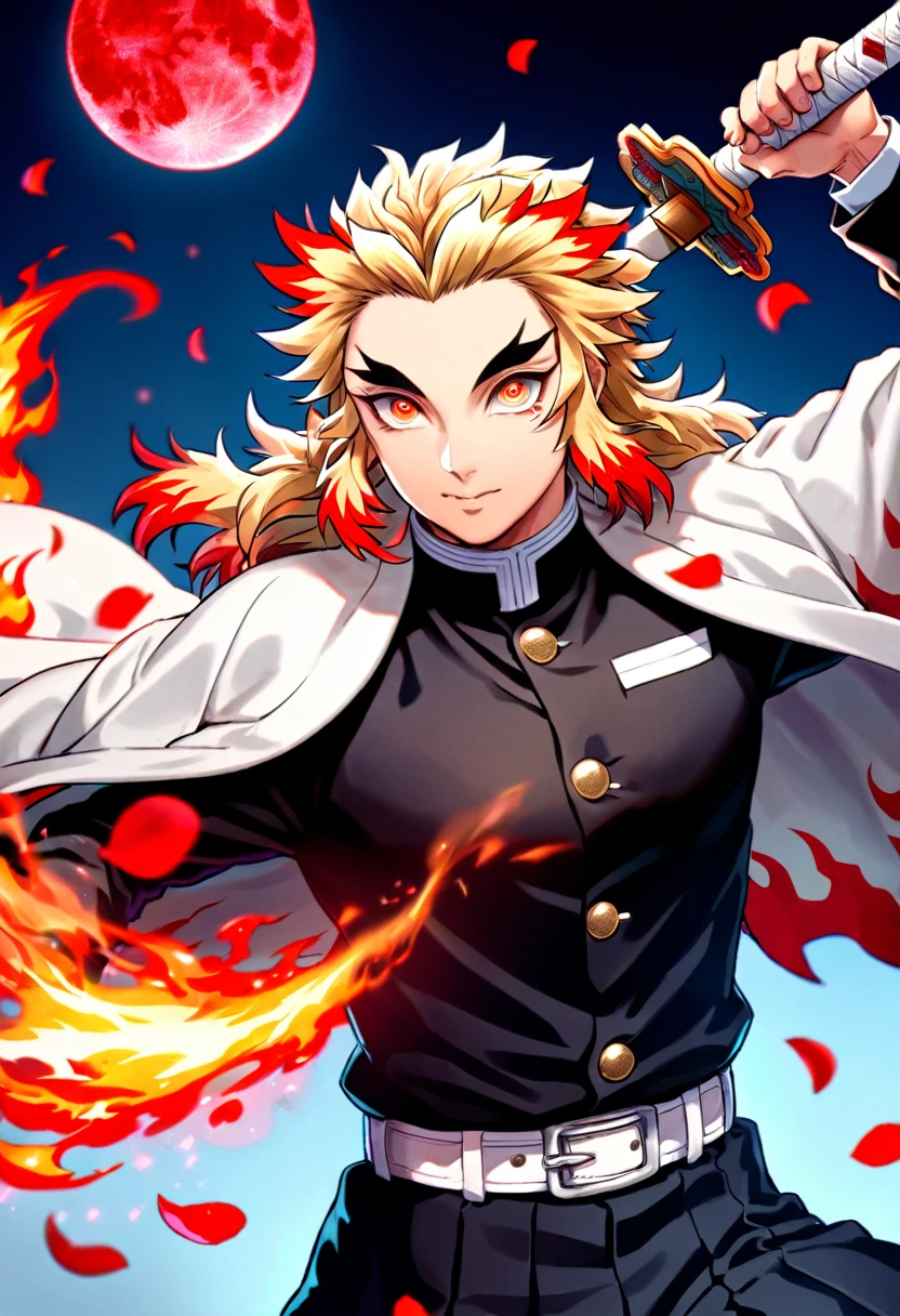 Ultra detailed, highres, absurdres, HDR, master piece, Rengoku Kyojuro, blond hair, expressive golden eyes, white haori with patters of flames, black demon slayer uniform, Kimetsu No Yaiba, fantasy, petals, red flowers, handsome, sexy man grabbing a sword, solo, magic, shining red fireflies, red moon, best quality, extremely detailed face and eyes, fire, grabbing a sword