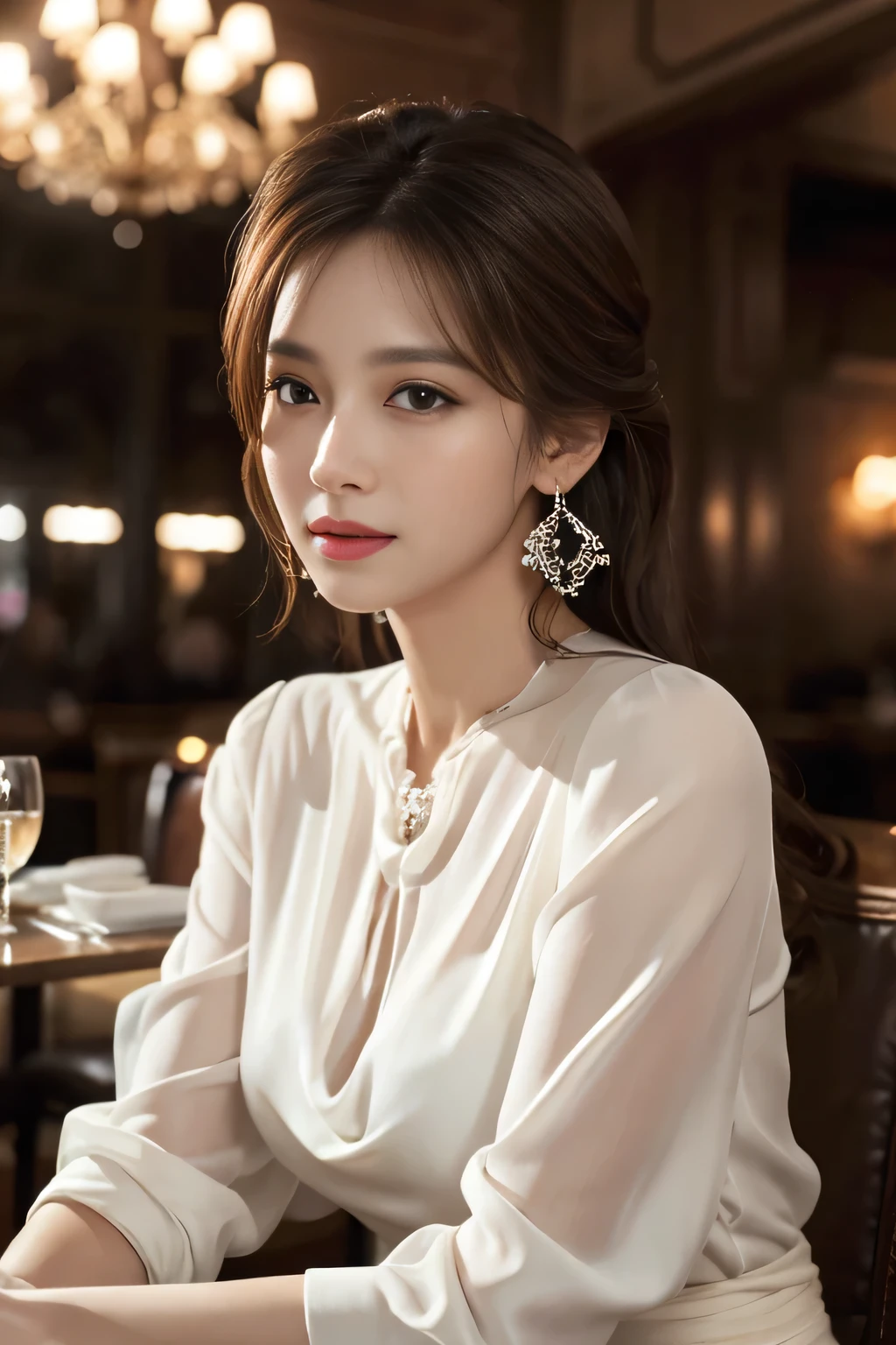 masterpiece, highest quality, Realistic, Very detailed, Finer details, High resolution, 8k wallpaper, One beautiful woman, Wear an elegant white see-through blouse, In a great restaurant, At night, Light brown messy hair, Perfect dynamic composition, Beautiful and beautiful eyes、Big earrings、Sitting in a chair、