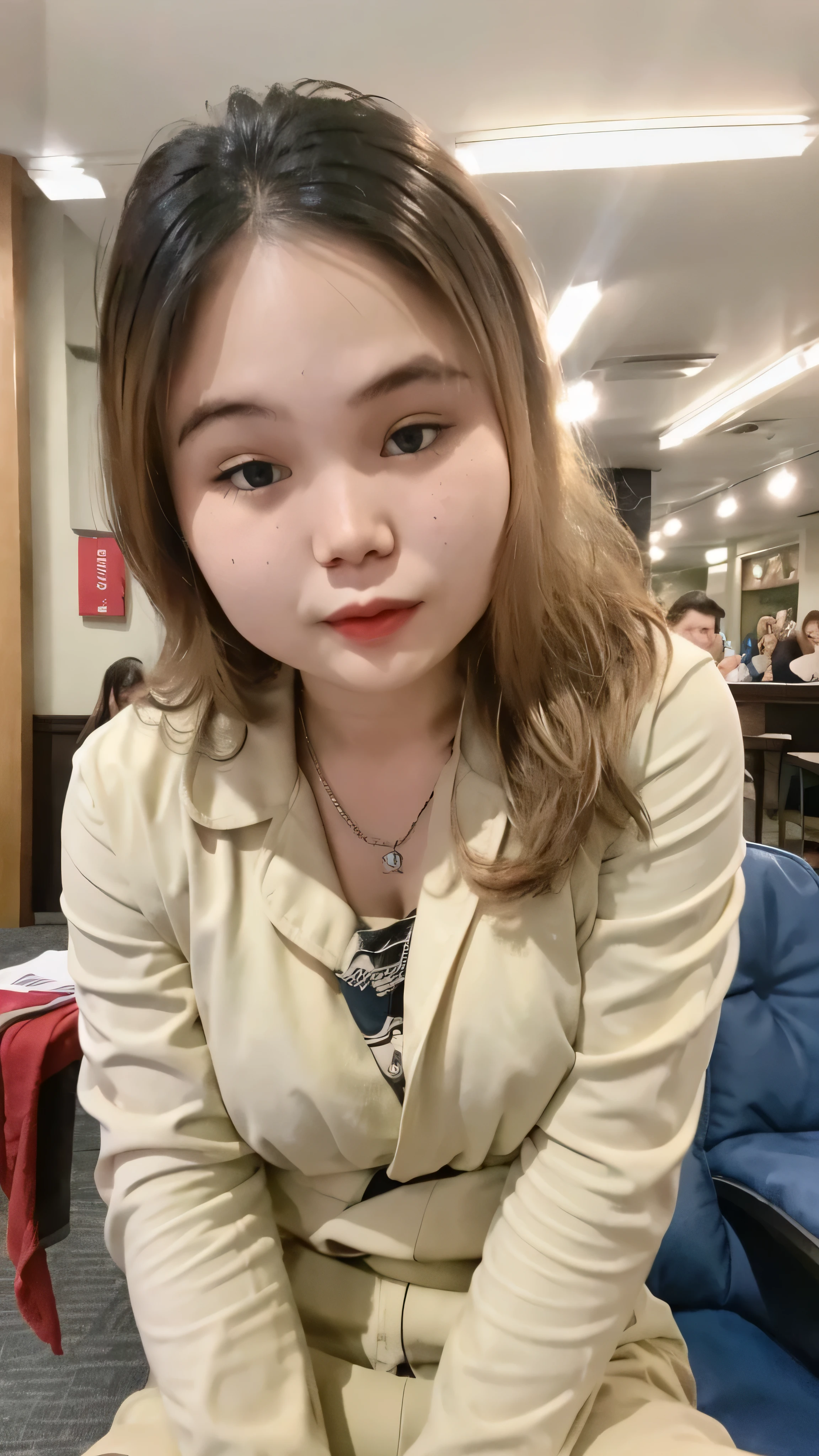 a cute girl with highly detailed eyes and face, realistic face, long brunette hair with bangs, smaller and flat chest, small waist, beautiful thighs, off-the-shoulders top, shorts jeans, full-body portrait, (best quality,4k,8k,highres,masterpiece:1.2),ultra-detailed,(realistic,photorealistic,photo-realistic:1.37),portrait,photography,cinematic lighting,warm colors,detailed fabric,intricate details,dynamic pose
