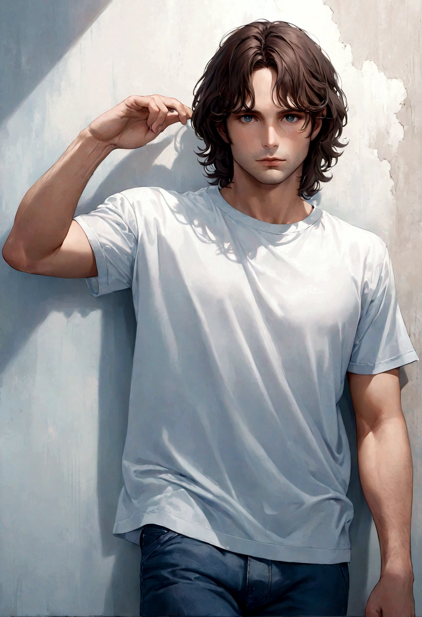 (Camiseta blanca para hombre), ), (con poca barba,) Aspecto atractivo y serio, Dark brown hair, Elegante y con estilo, Camiseta de cuerpo fuerte afeitada, Un hombre similar al actor Jim Morrison, (Imagen realista y de alta calidad), Apartamento escandinavo en el fondo con pintura de pared azul, ((La mejor calidad, 8K, obra maestra).