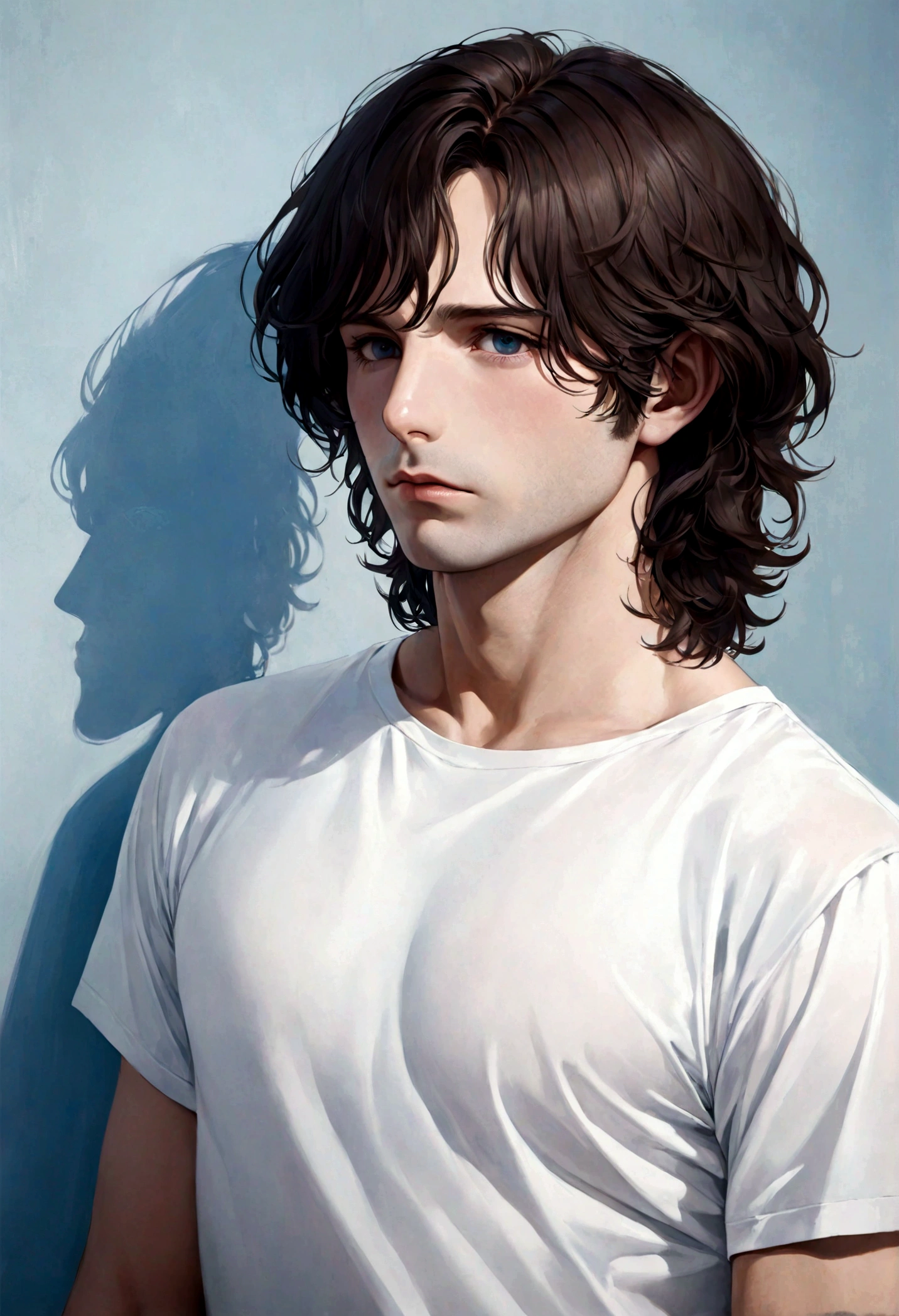 (Camiseta blanca para hombre), ), (con poca barba,) Aspecto atractivo y serio, Dark brown hair, Elegante y con estilo, Camiseta de cuerpo fuerte afeitada, Un hombre similar al actor Jim Morrison, (Imagen realista y de alta calidad), Apartamento escandinavo en el fondo con pintura de pared azul, ((La mejor calidad, 8K, obra maestra).