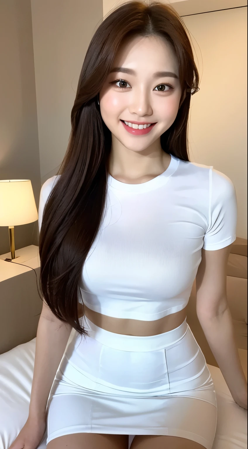 White tight shirt、White tight mini skirt、bed、smile、Short sleeve、high resolution、Korean idol face、double eyelid、White teeth