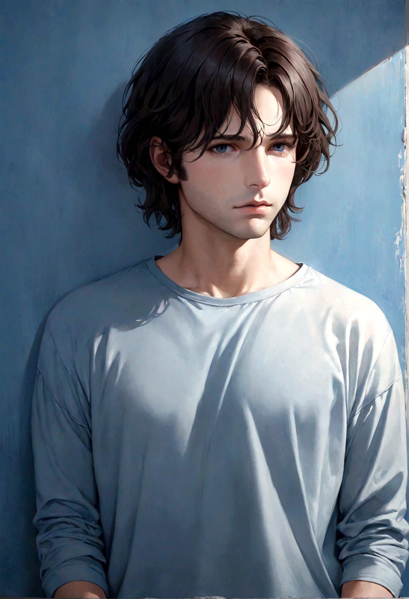 (Camiseta negra para hombre), ), (con poca barba,) Aspecto atractivo y serio, Dark brown hair, Elegante y con estilo, Camiseta de cuerpo fuerte afeitada, Un hombre similar al actor Jim Morrison, (Imagen realista y de alta calidad), Apartamento escandinavo en el fondo con pintura de pared azul, ((La mejor calidad, 8K, obra maestra).