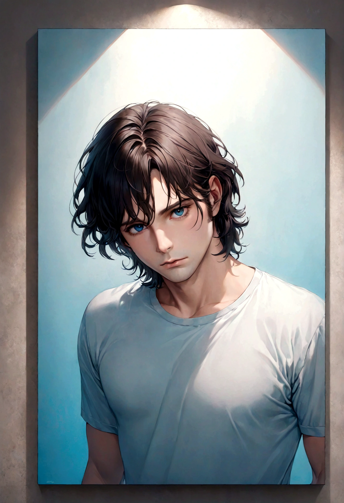 (Camiseta negra para hombre), ), (con poca barba,) Aspecto atractivo y serio, Dark brown hair, Elegante y con estilo, Camiseta de cuerpo fuerte afeitada, Un hombre similar al actor Jim Morrison, (Imagen realista y de alta calidad), Apartamento escandinavo en el fondo con pintura de pared azul, ((La mejor calidad, 8K, obra maestra).