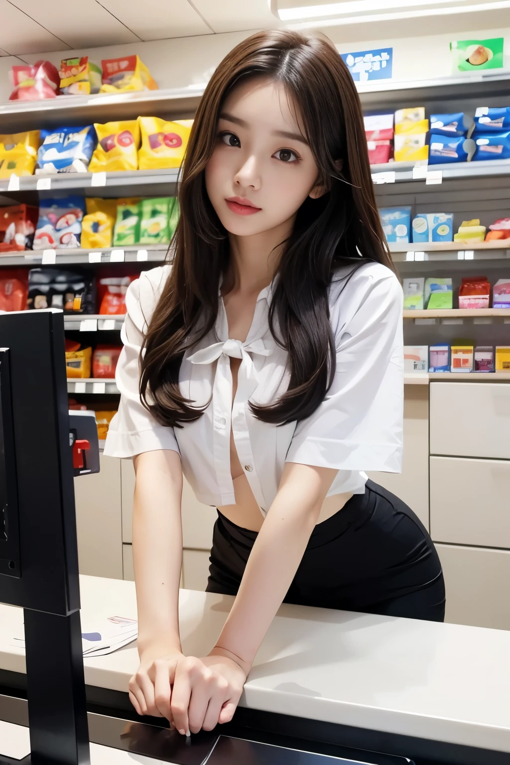 table top、highest resolution、The Convenience Store of the Future、Convenience store clerk、30 year old girl、1Female clerk、looking at the camera、Please finish it like the picture.、Cash register and beauty、Your skin is white and pretty、Hair is short and beautiful、interior color、You should tie your hair back、slim、Your legs are thin and pretty